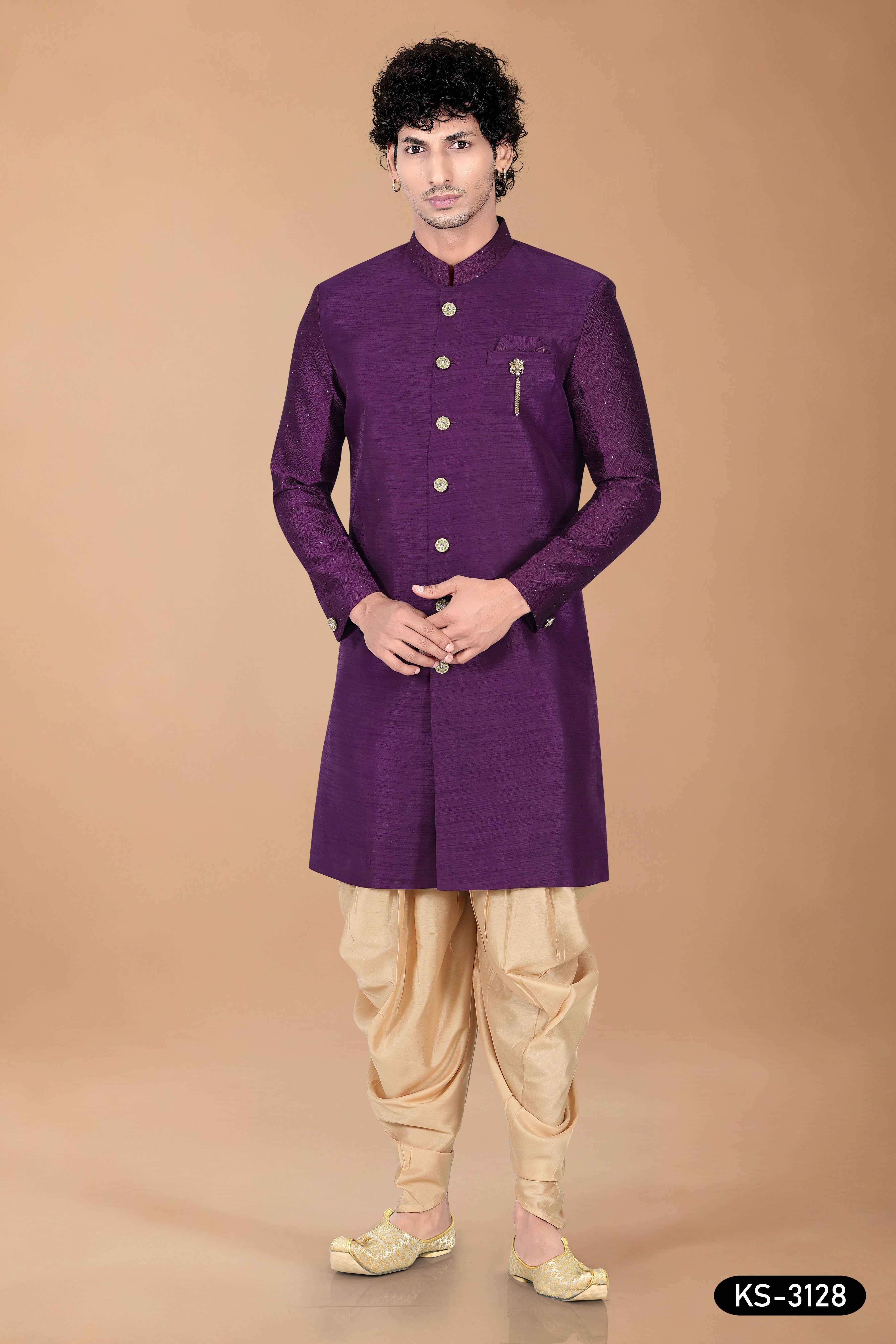 Men’s Royal Purple Jacquard Indo-Western Set with Designer Sleeves