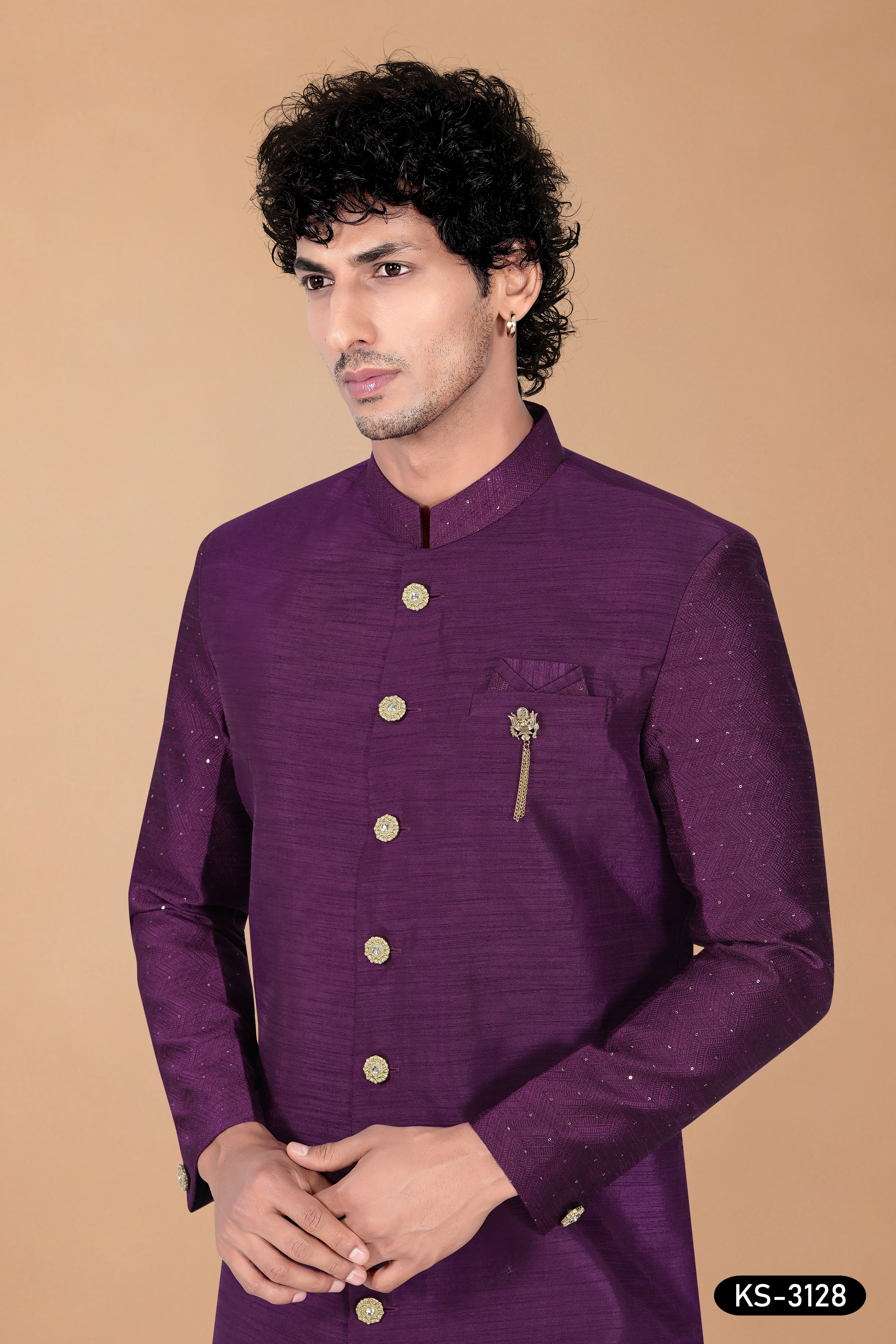 Men’s Royal Purple Jacquard Indo-Western Set with Designer Sleeves
