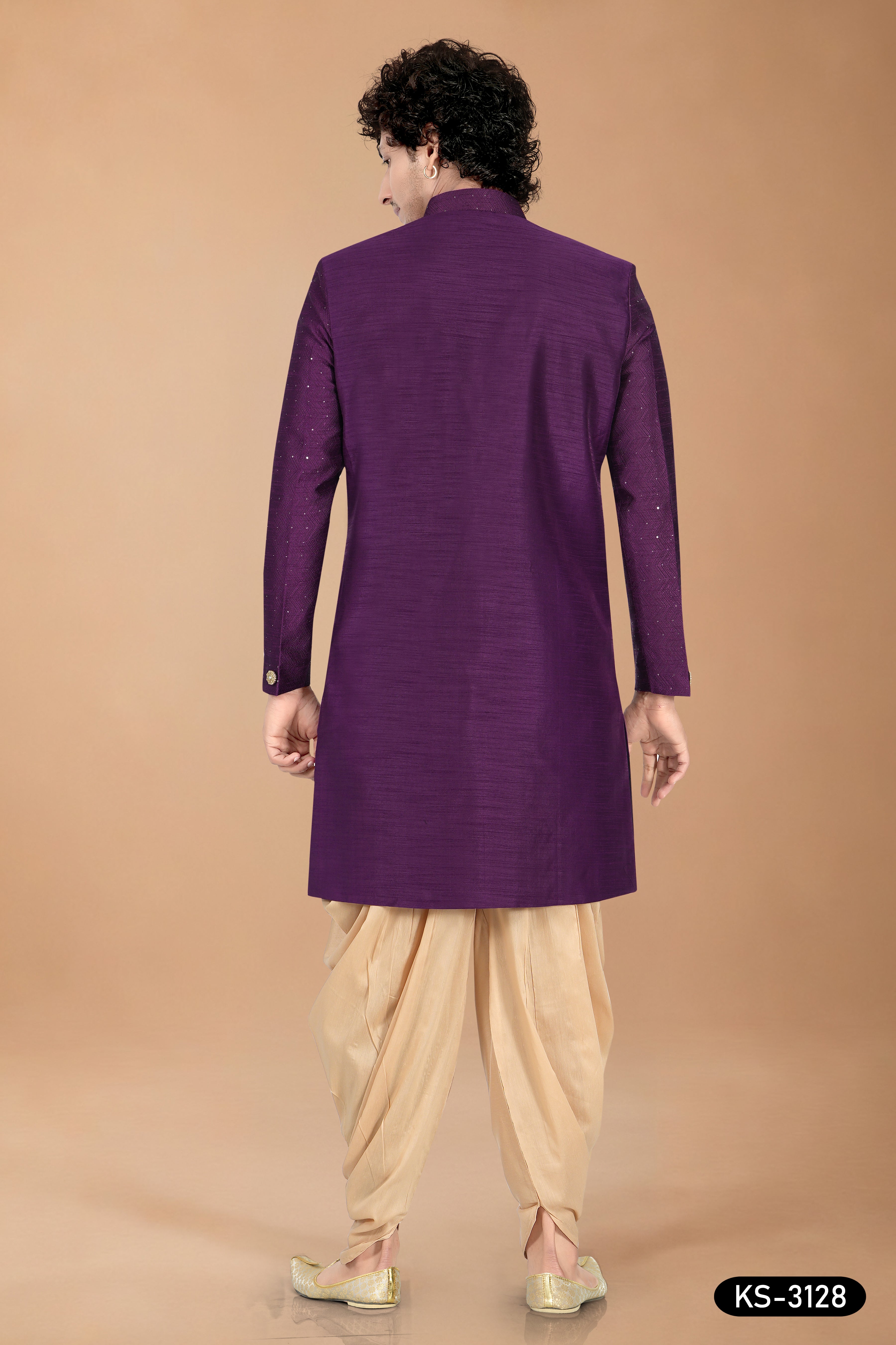 Men’s Royal Purple Jacquard Indo-Western Set with Designer Sleeves
