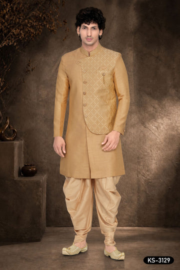 Men’s Golden Beige Jacquard Indo-Western Set with Attached Designer Jacket