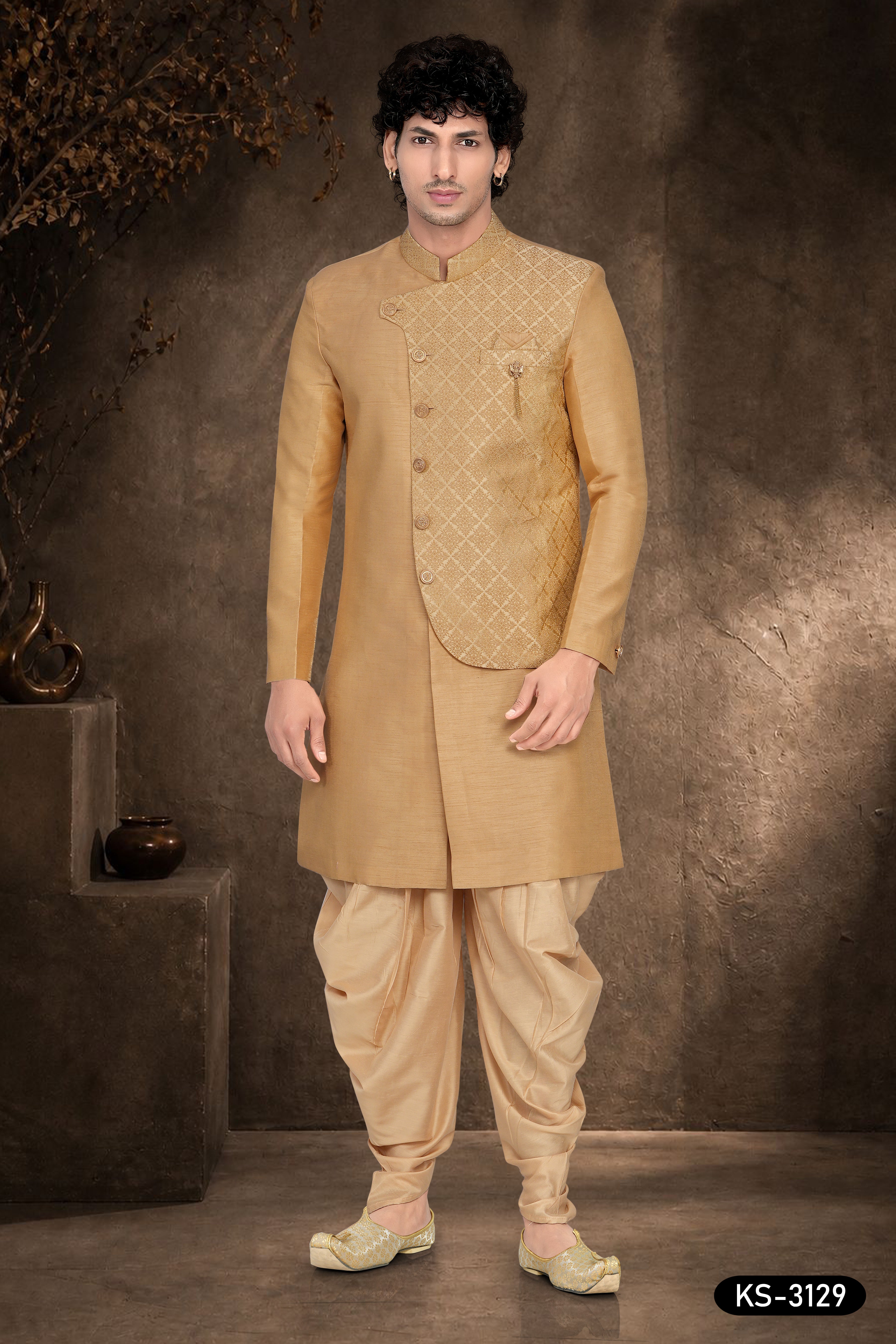Men’s Golden Beige Jacquard Indo-Western Set with Attached Designer Jacket