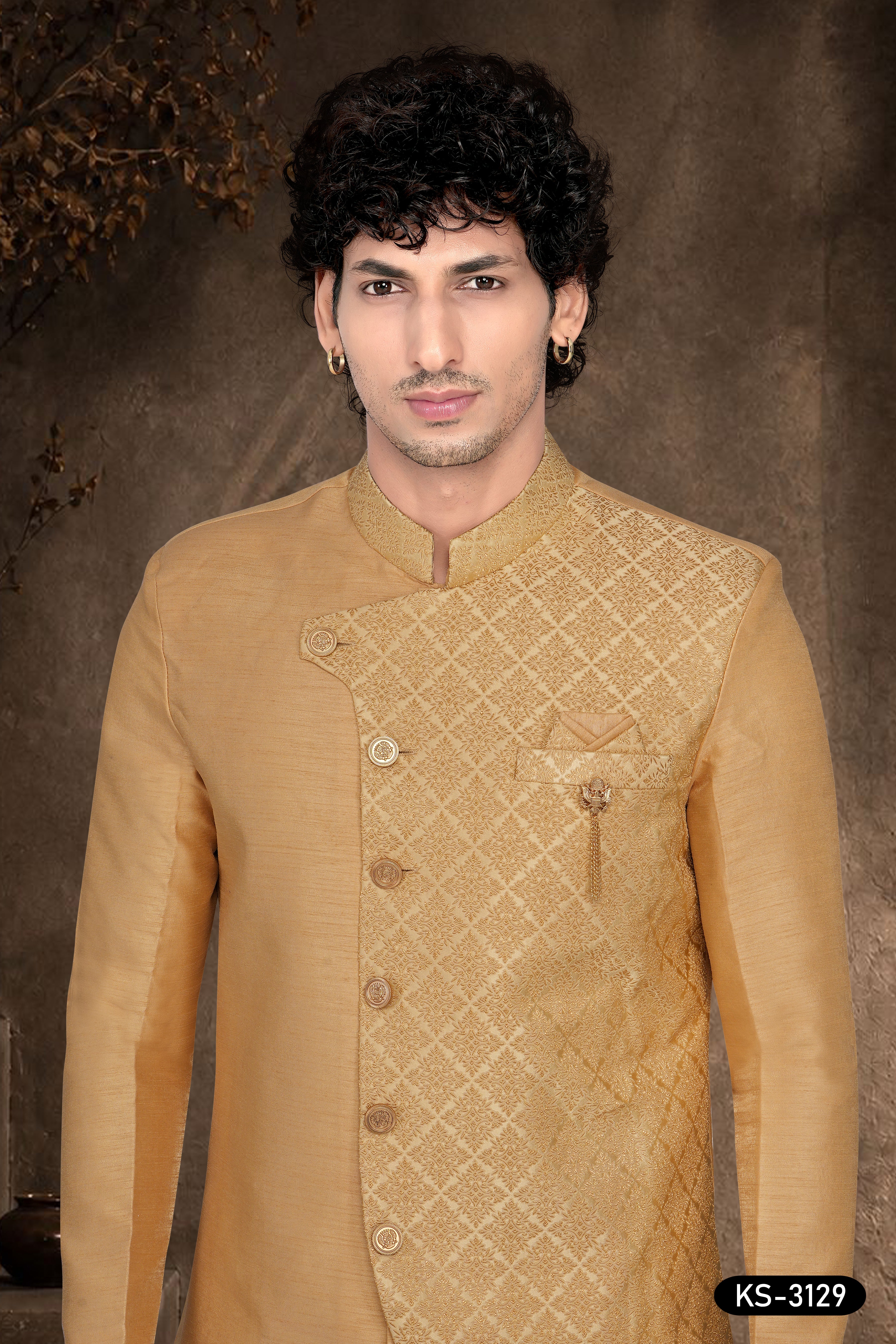 Men’s Golden Beige Jacquard Indo-Western Set with Attached Designer Jacket