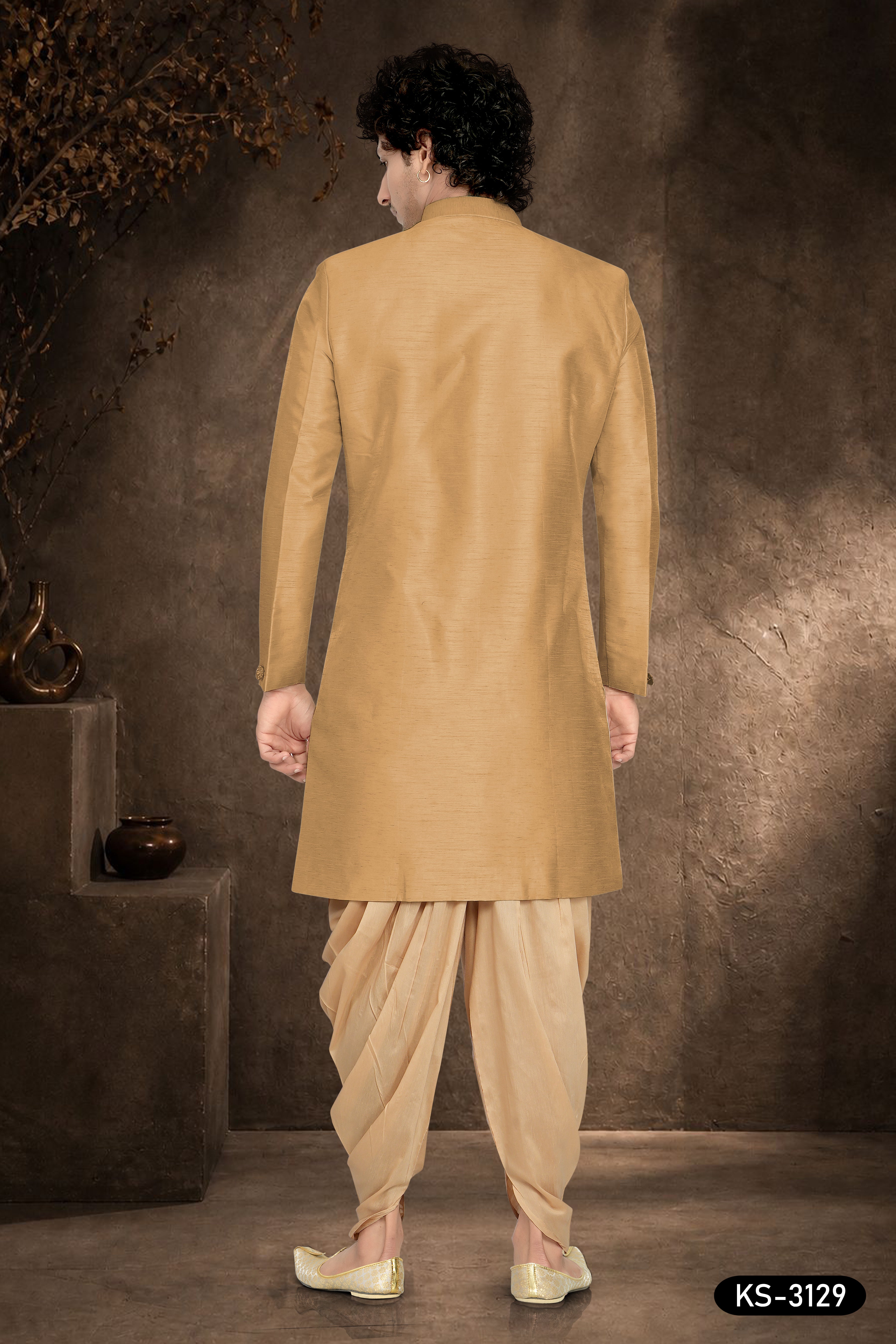 Men’s Golden Beige Jacquard Indo-Western Set with Attached Designer Jacket