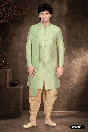 Men’s Mint Green Silk Indo-Western Set with Attached Designer Dupatta