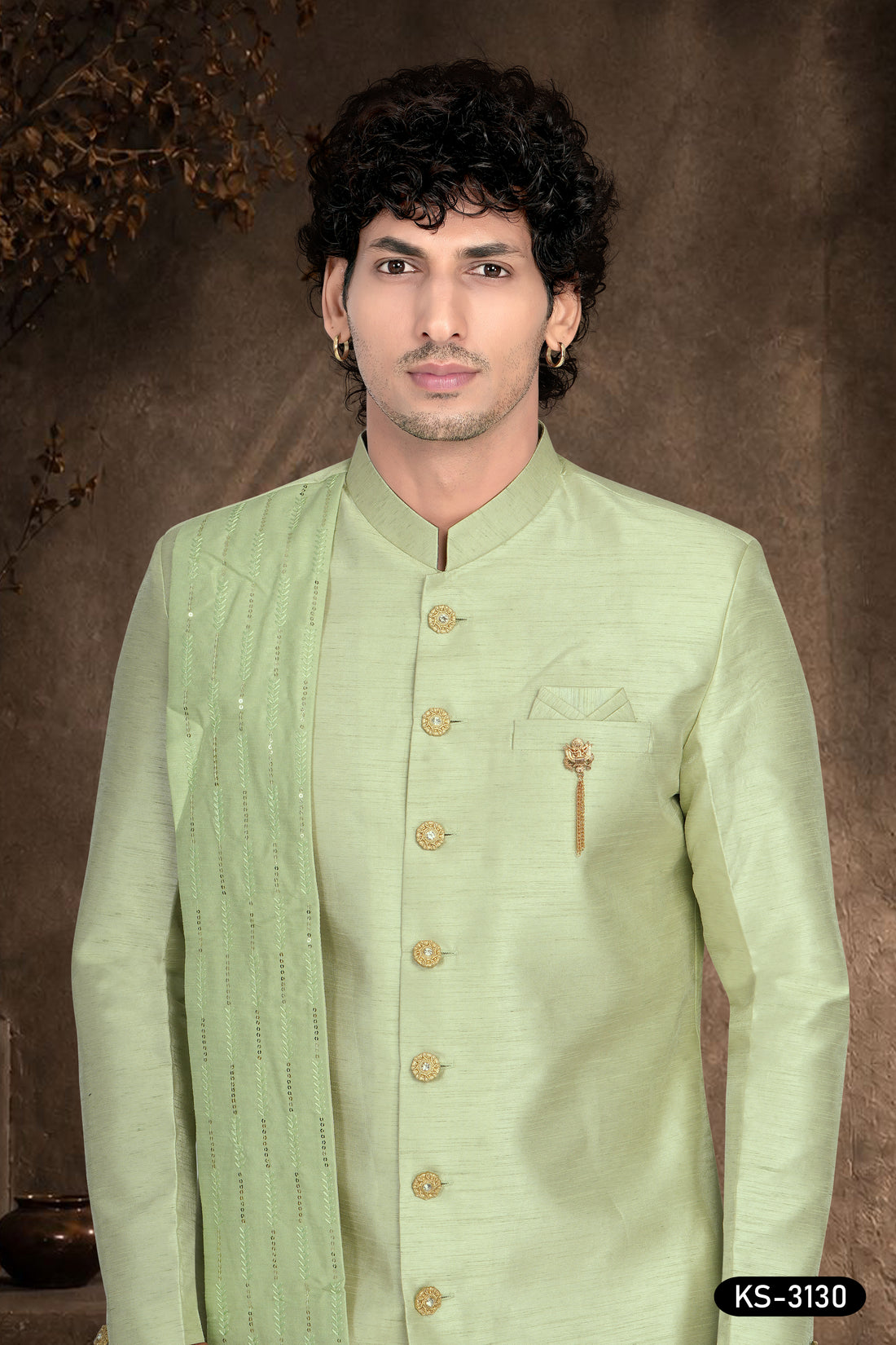 Men’s Mint Green Silk Indo-Western Set with Attached Designer Dupatta