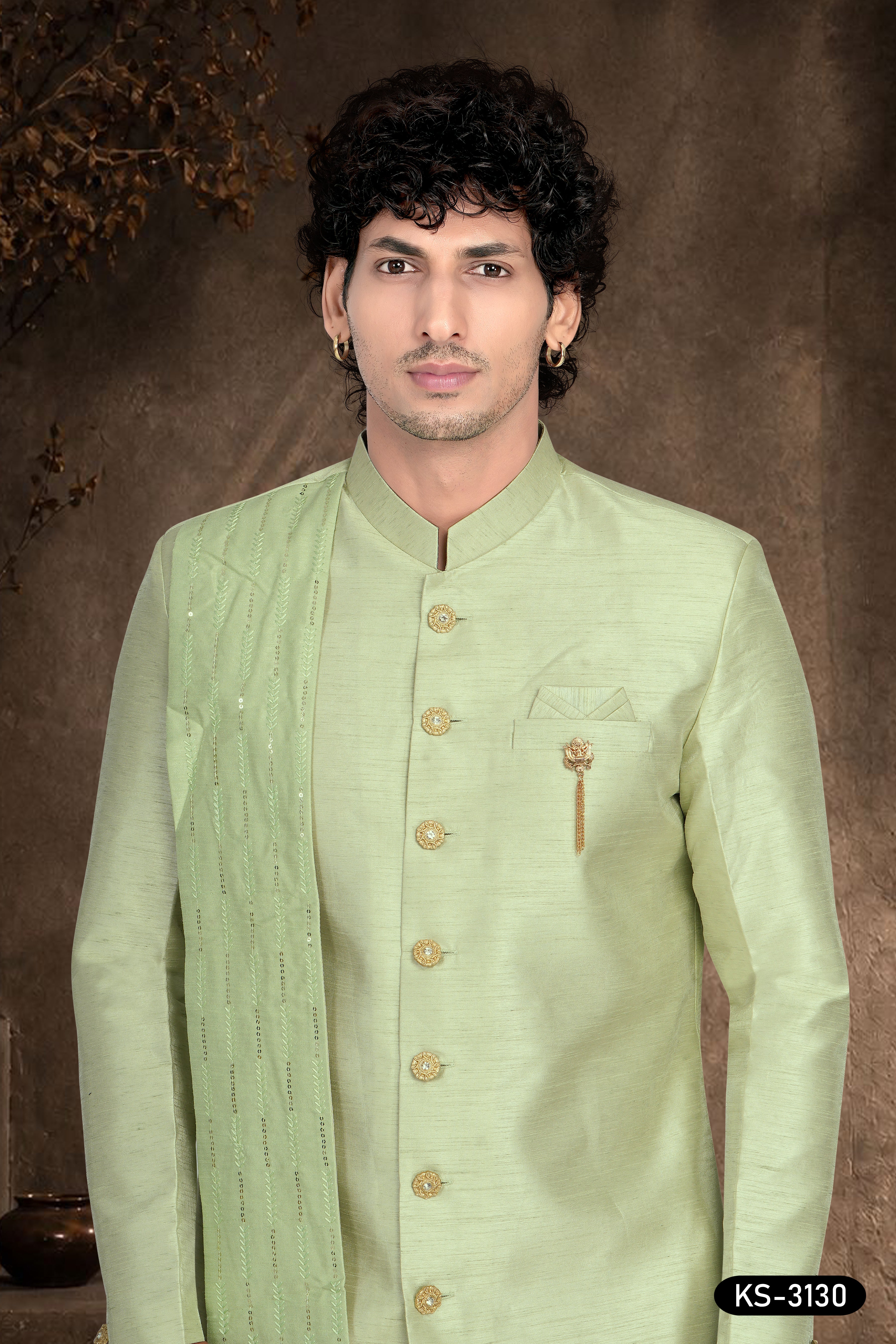 Men’s Mint Green Silk Indo-Western Set with Attached Designer Dupatta