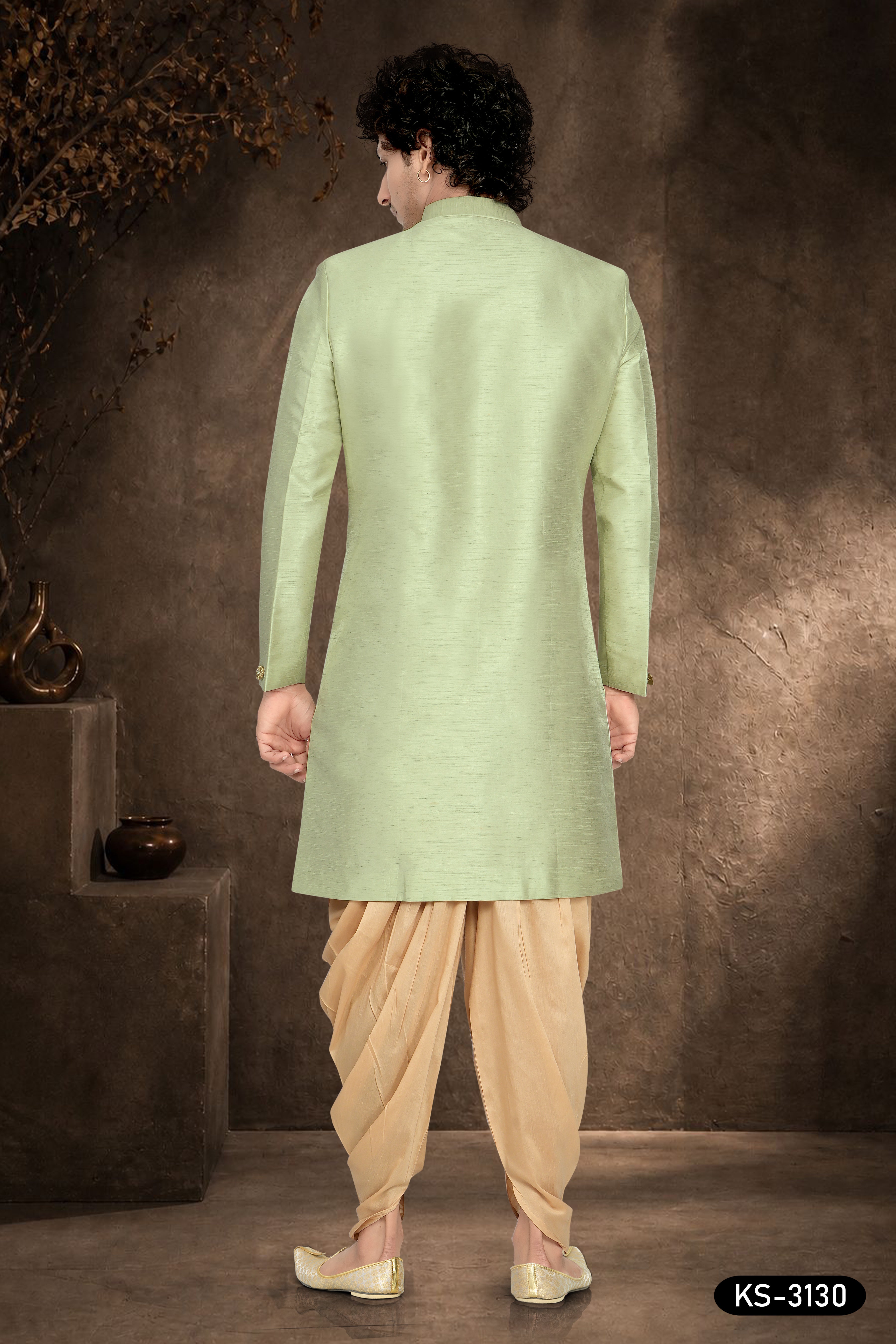 Men’s Mint Green Silk Indo-Western Set with Attached Designer Dupatta