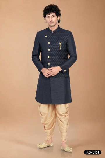 Men’s Navy Blue Silk Indo-Western Set with Attached Designer Jacket