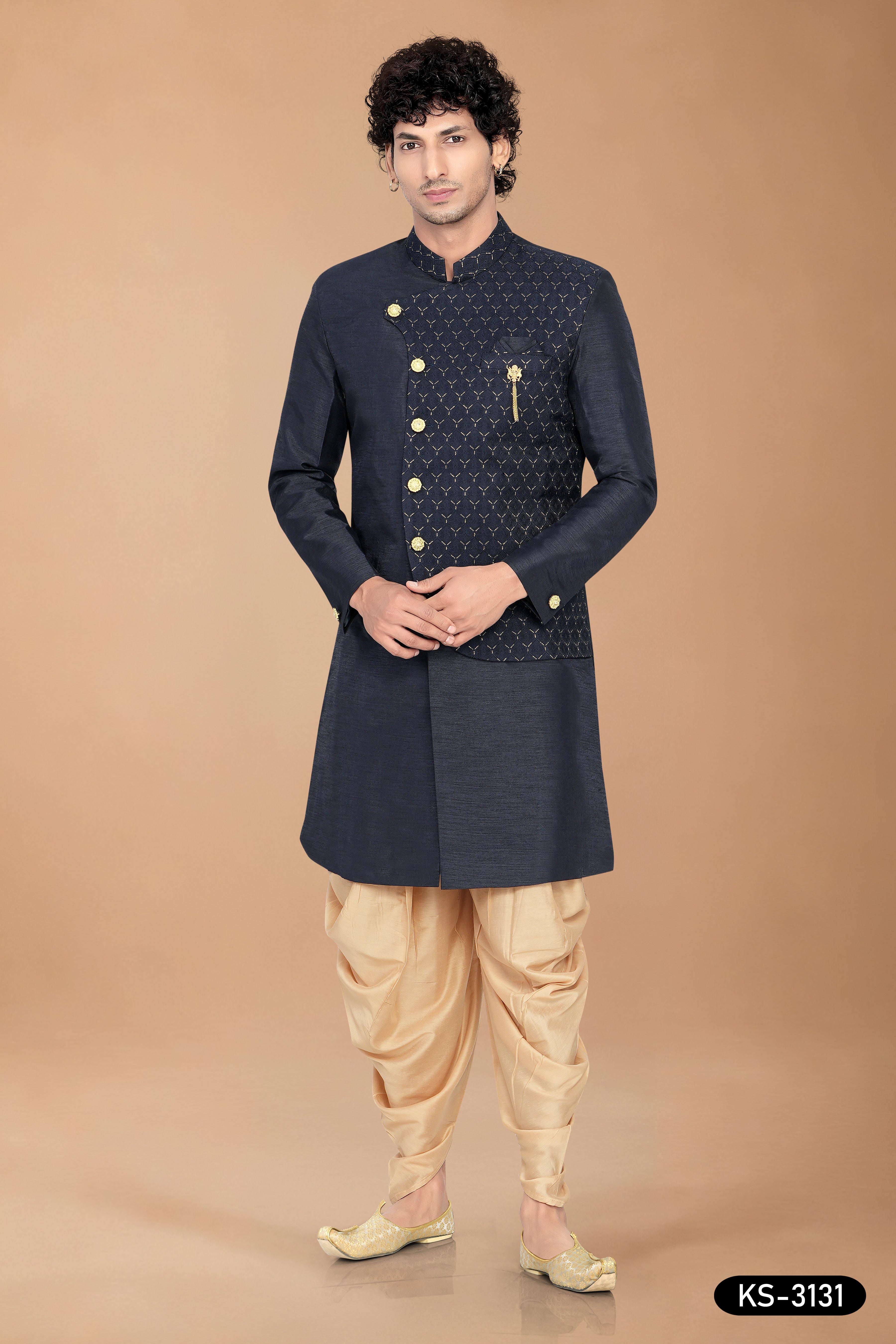 Men’s Navy Blue Silk Indo-Western Set with Attached Designer Jacket