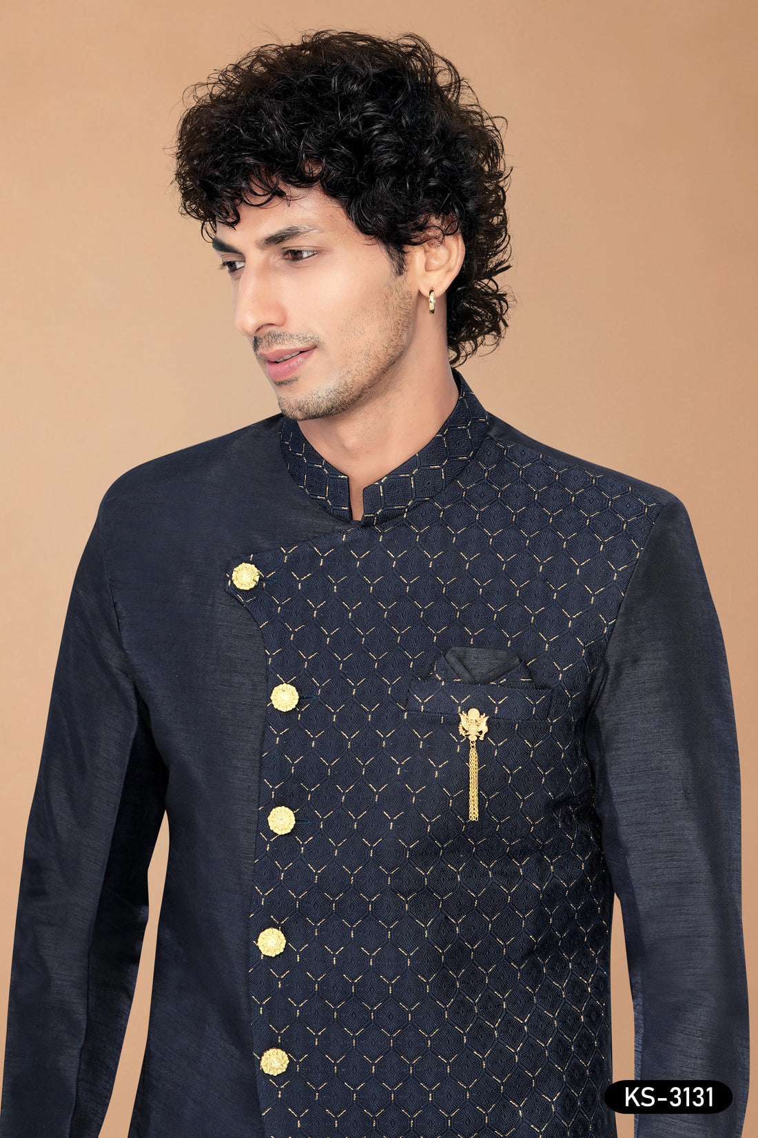 Men’s Navy Blue Silk Indo-Western Set with Attached Designer Jacket