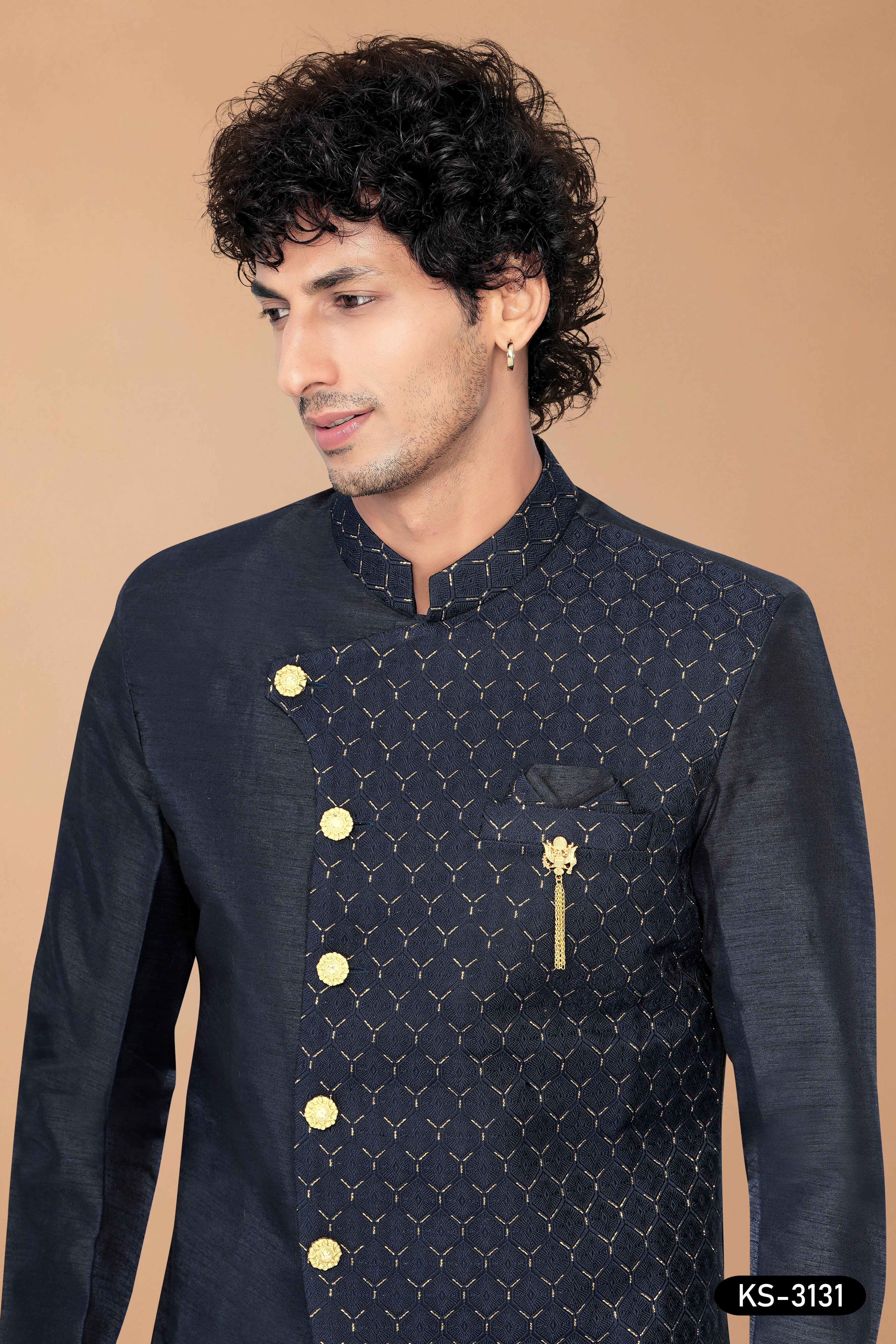 Men’s Navy Blue Silk Indo-Western Set with Attached Designer Jacket