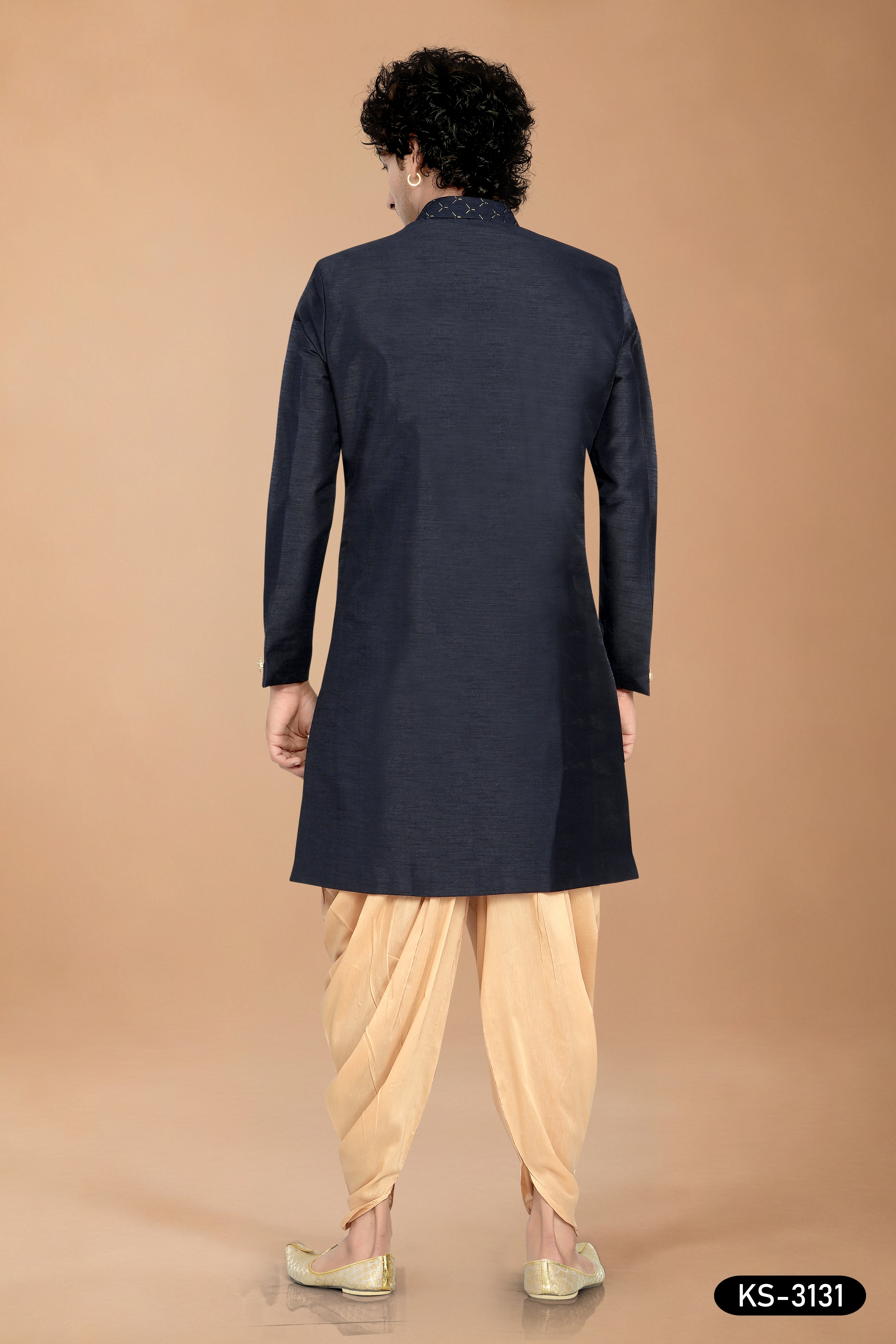 Men’s Navy Blue Silk Indo-Western Set with Attached Designer Jacket