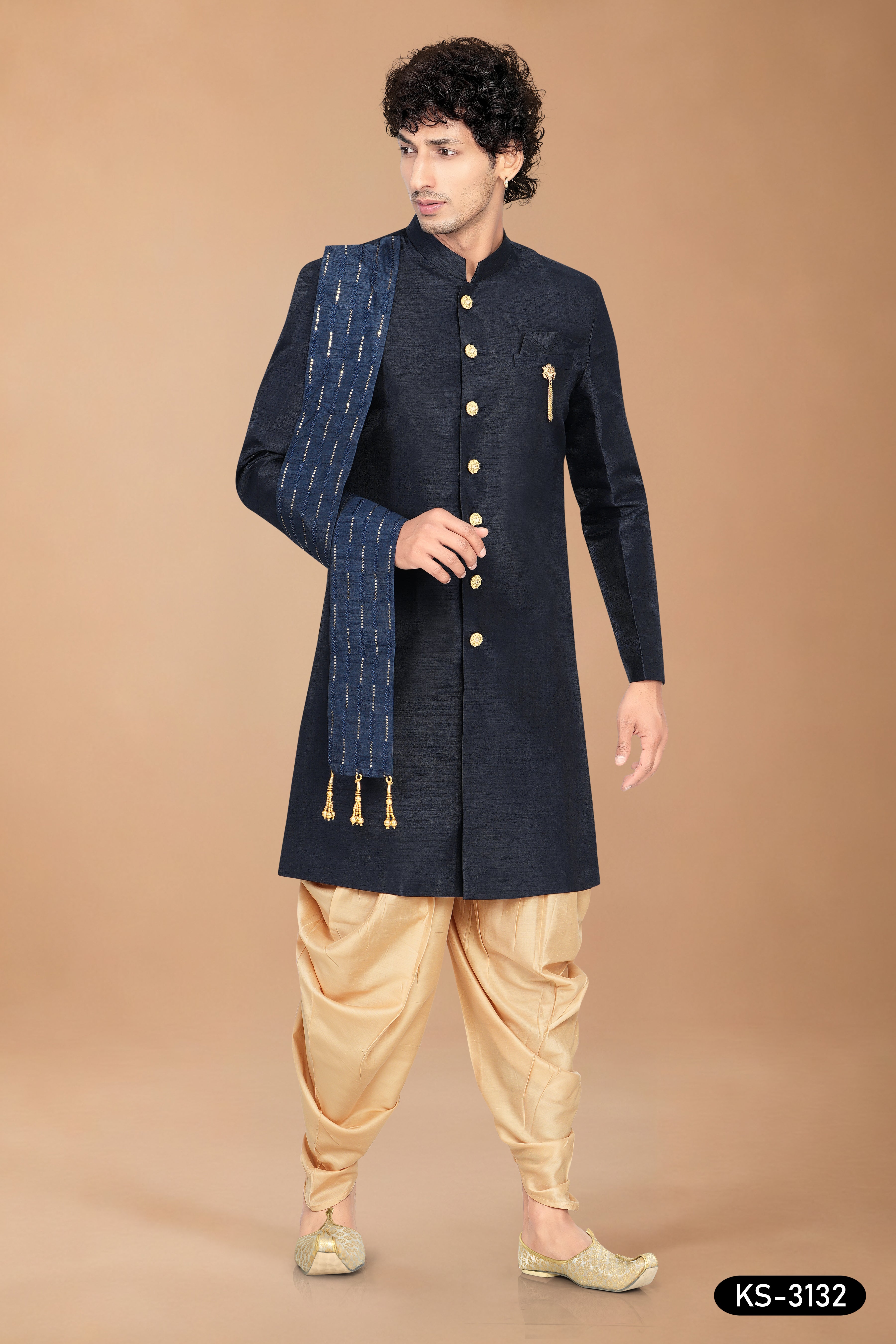 Men’s Navy Blue Silk Indo-Western Set with Attached Designer Dupatta
