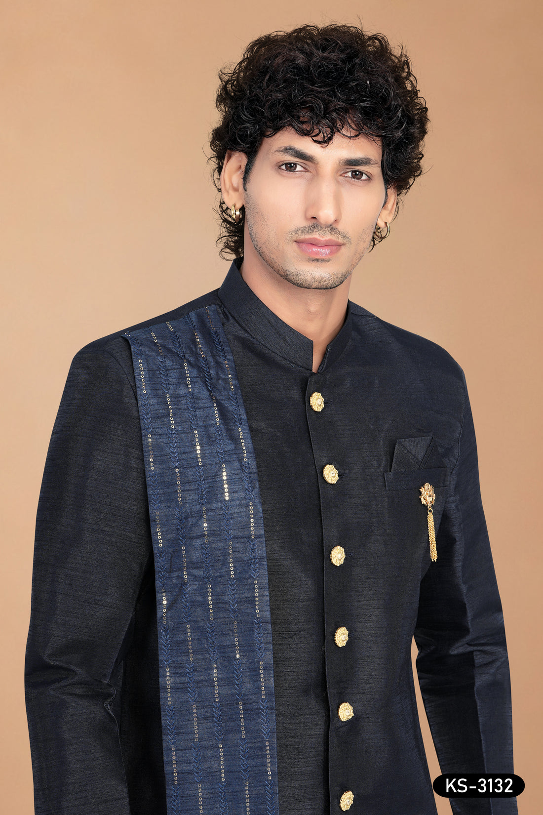 Men’s Navy Blue Silk Indo-Western Set with Attached Designer Dupatta