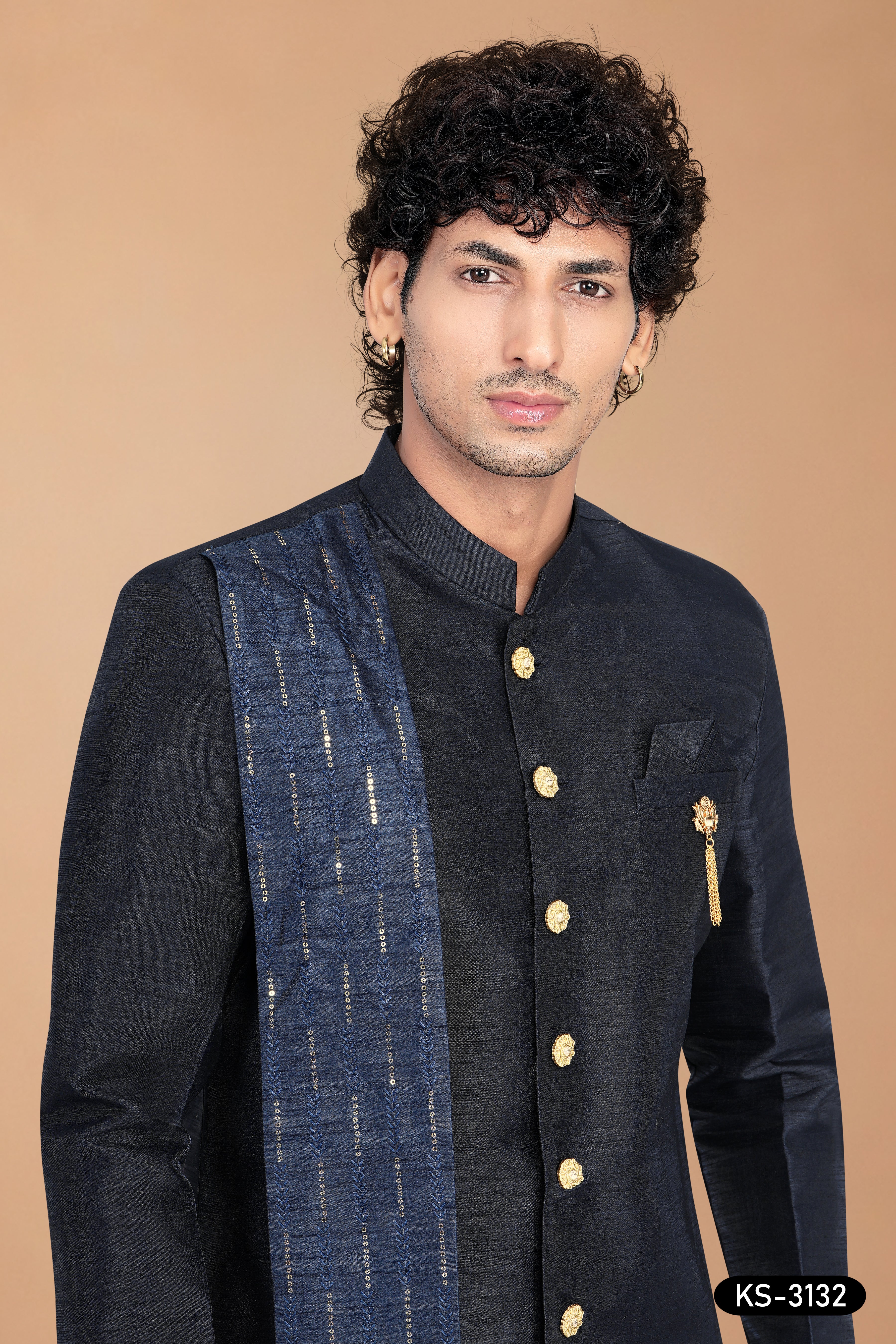 Men’s Navy Blue Silk Indo-Western Set with Attached Designer Dupatta