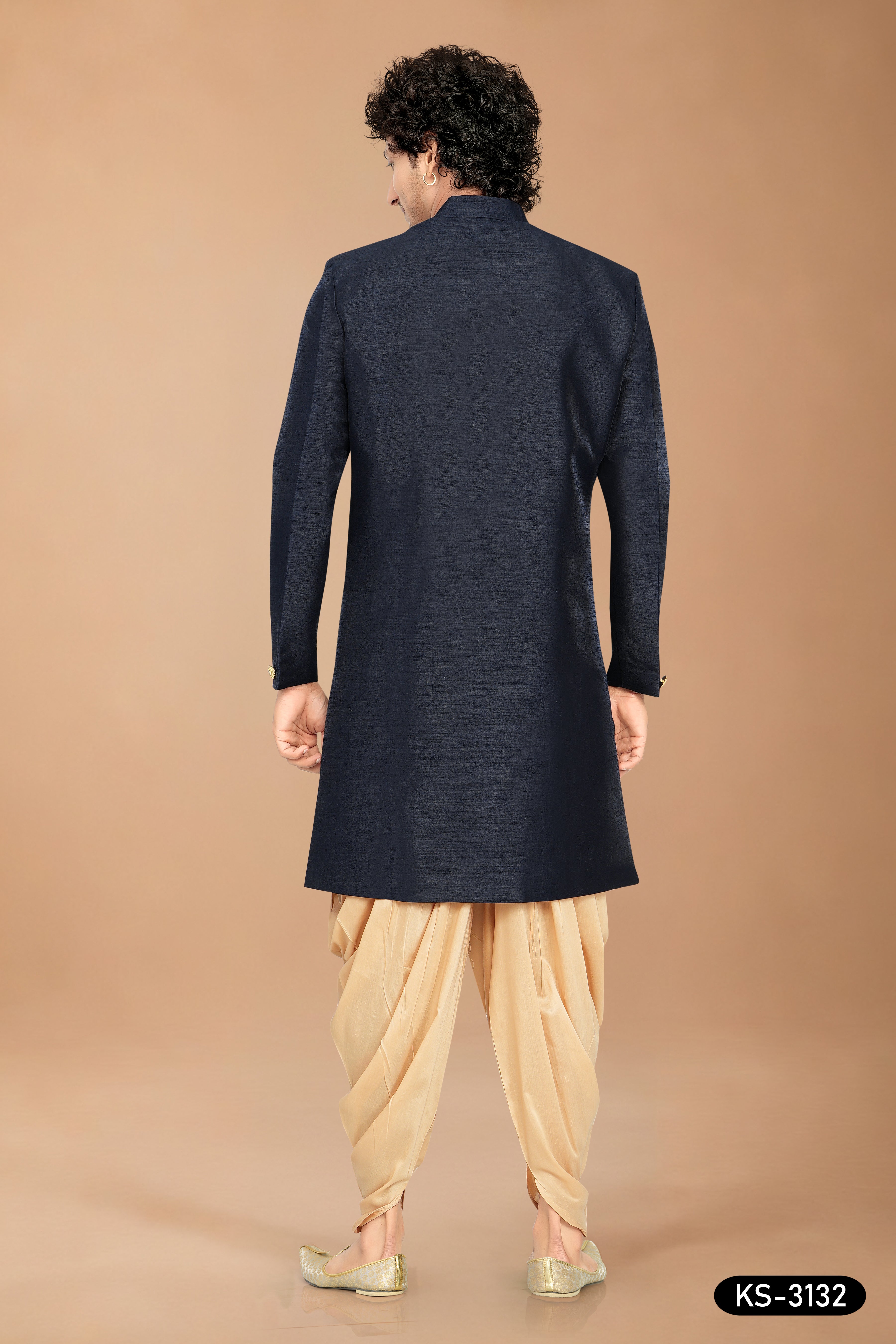 Men’s Navy Blue Silk Indo-Western Set with Attached Designer Dupatta