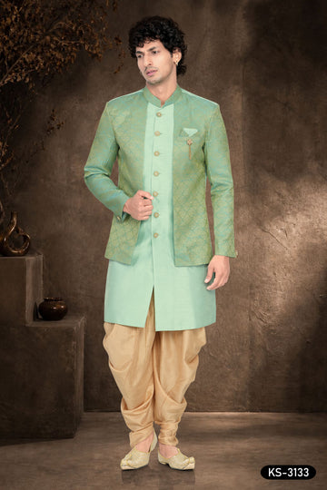 Men's Mint Green Silk Indo-Western Kurta Set with Attached Designer Jacket & Peshawari Pant