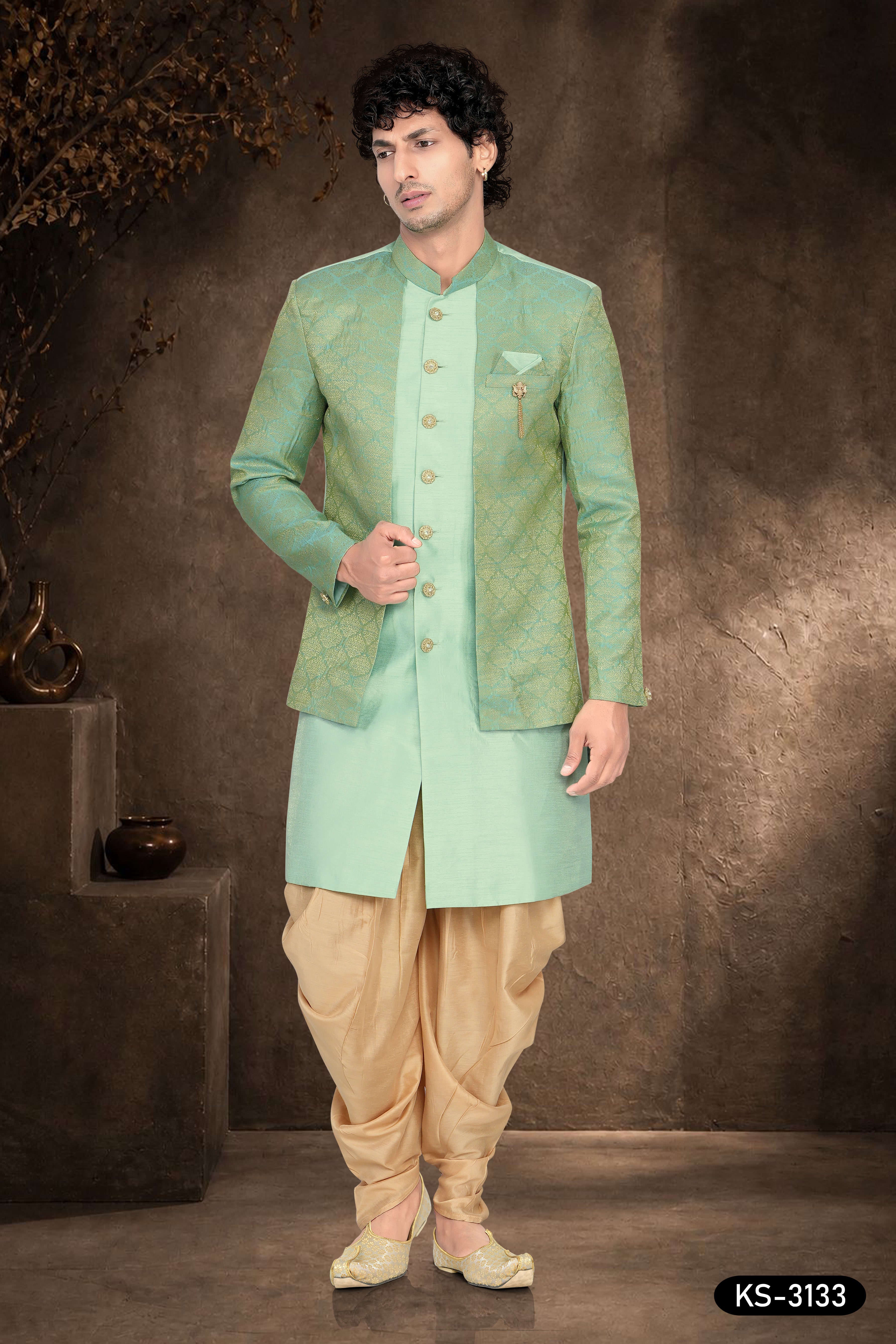 Men's Mint Green Silk Indo-Western Kurta Set with Attached Designer Jacket & Peshawari Pant