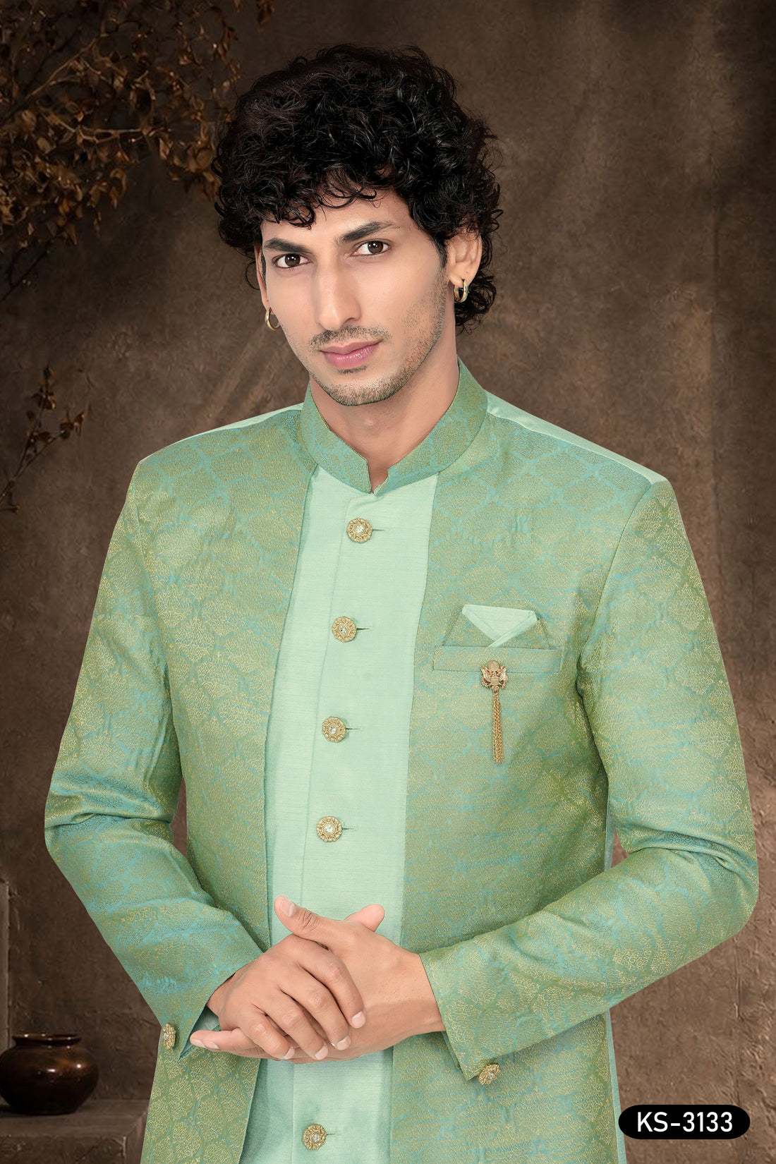 Men's Mint Green Silk Indo-Western Kurta Set with Attached Designer Jacket & Peshawari Pant