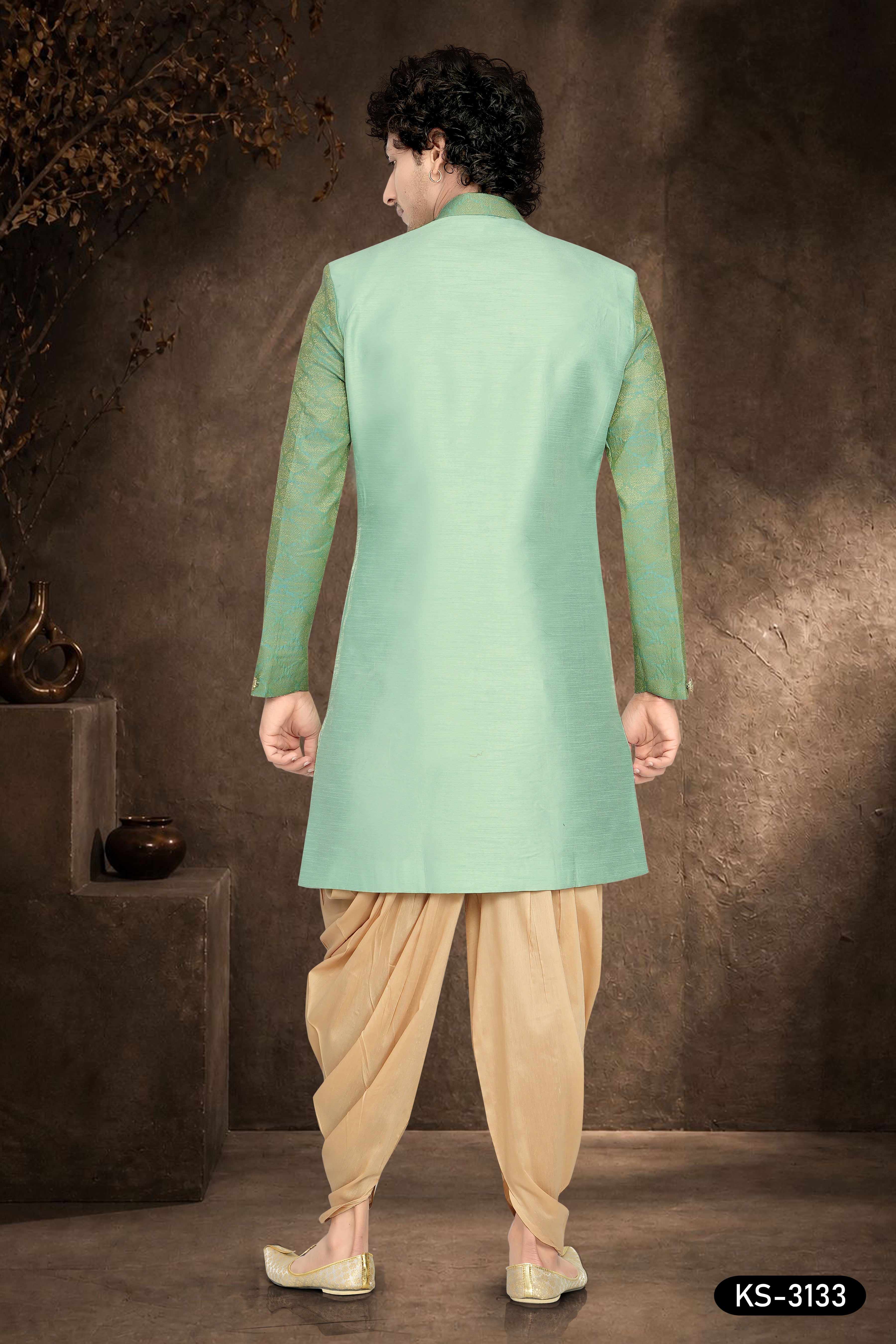 Men's Mint Green Silk Indo-Western Kurta Set with Attached Designer Jacket & Peshawari Pant