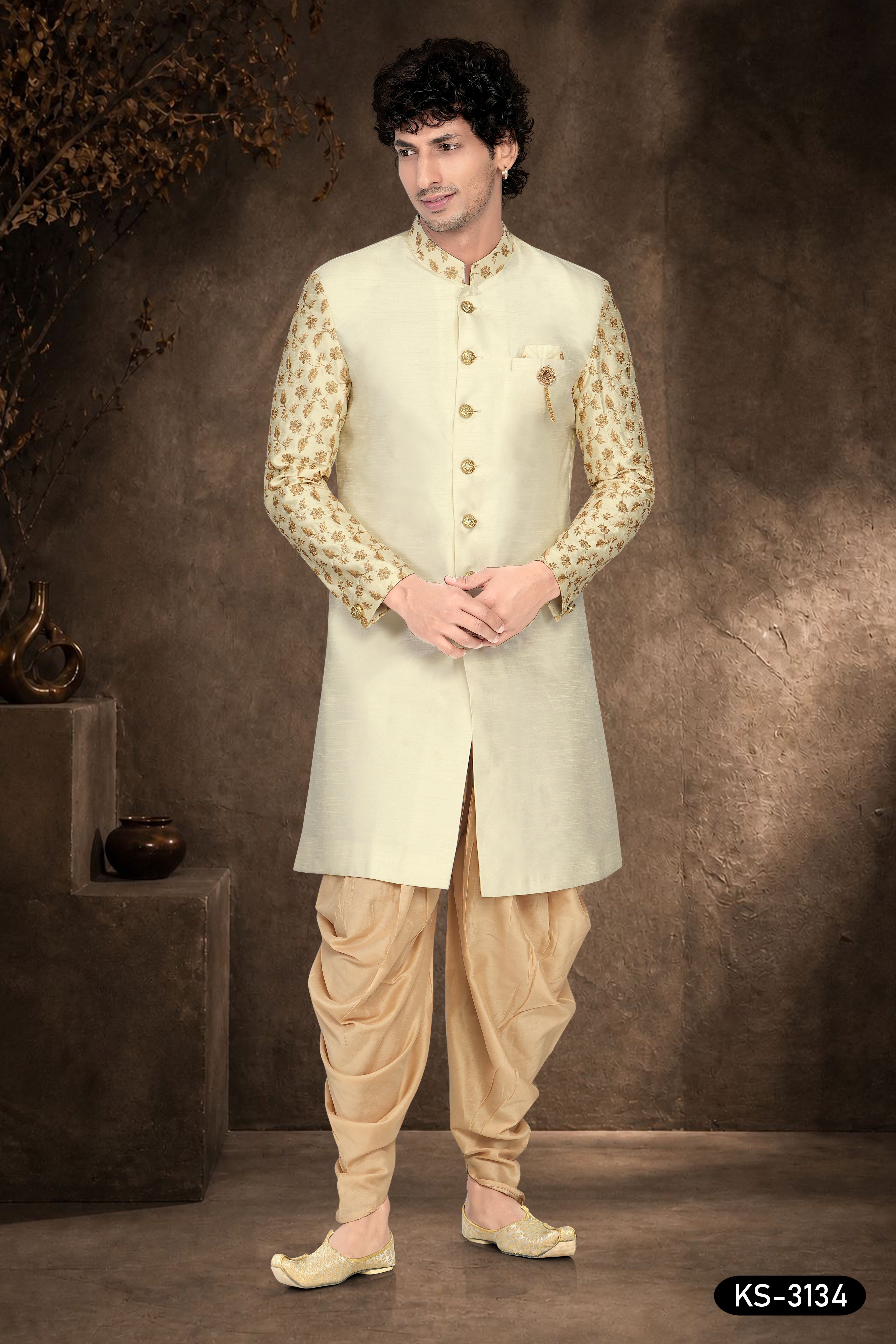 Cream Silk Indo-Western Set with Designer Sleeves