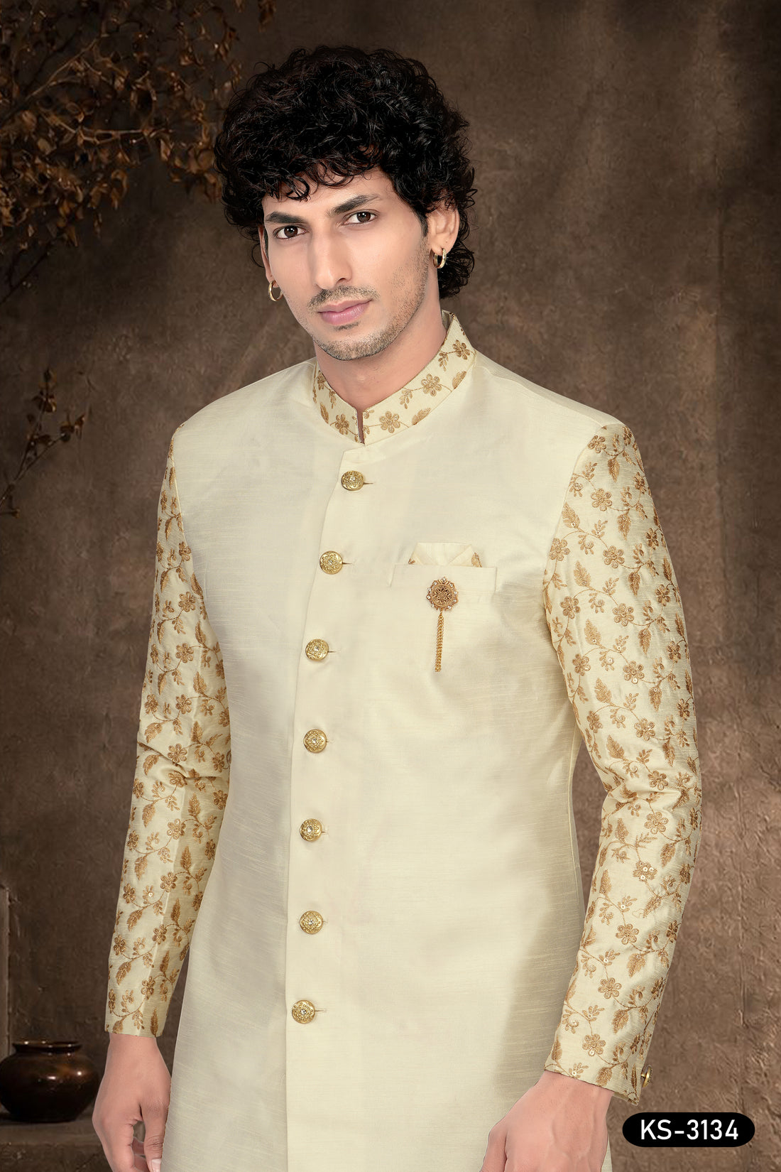 Cream Silk Indo-Western Set with Designer Sleeves