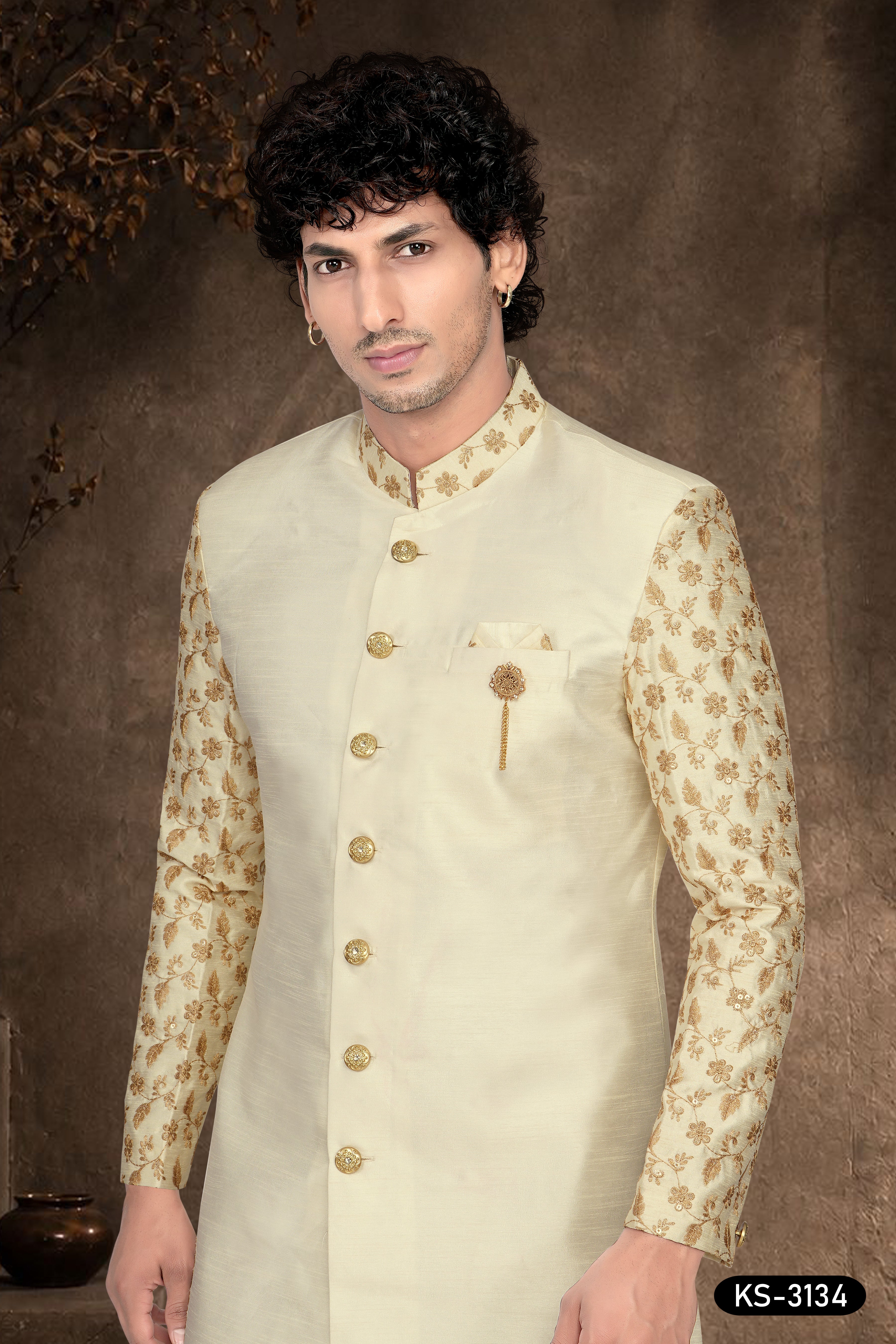 Cream Silk Indo-Western Set with Designer Sleeves