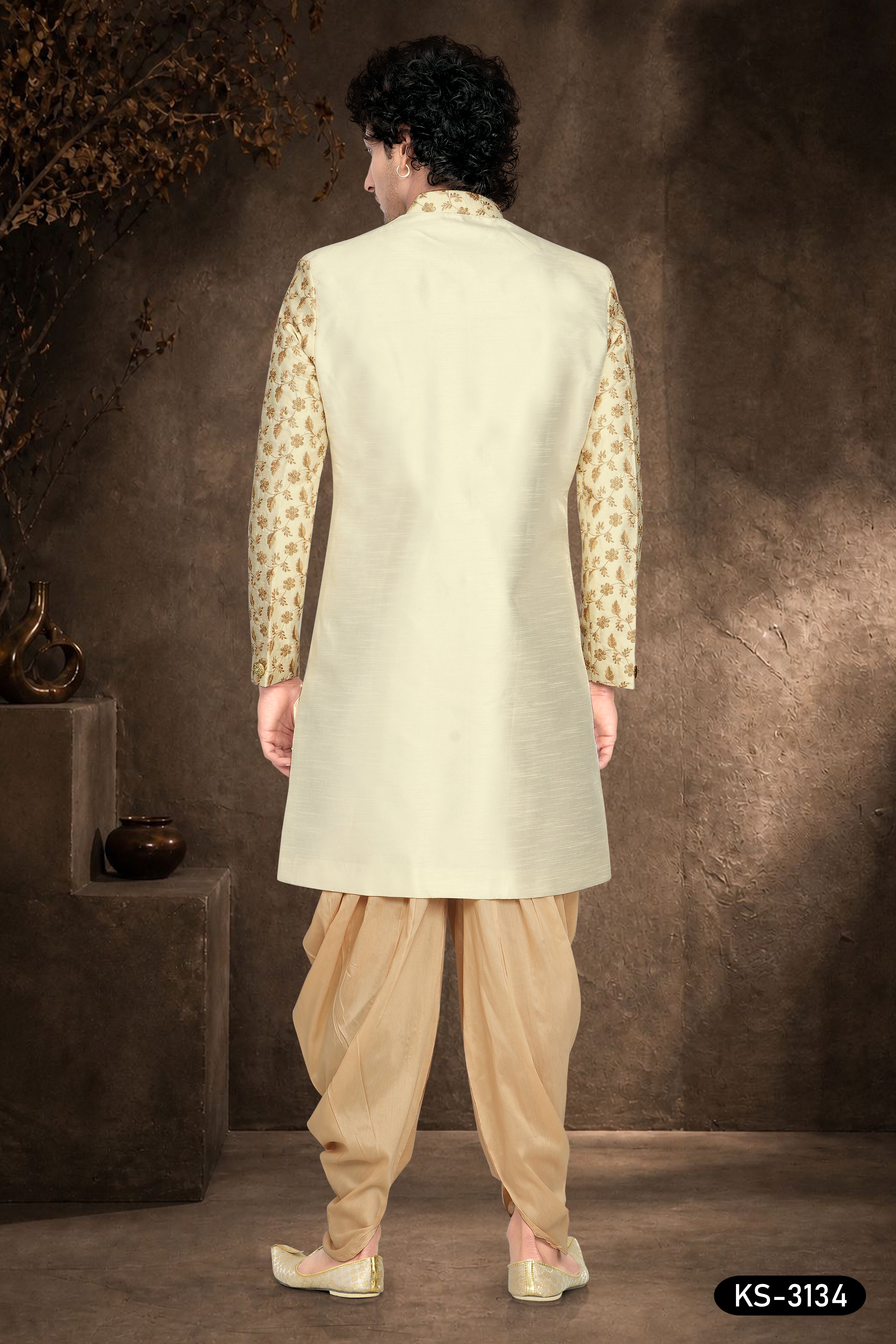 Cream Silk Indo-Western Set with Designer Sleeves