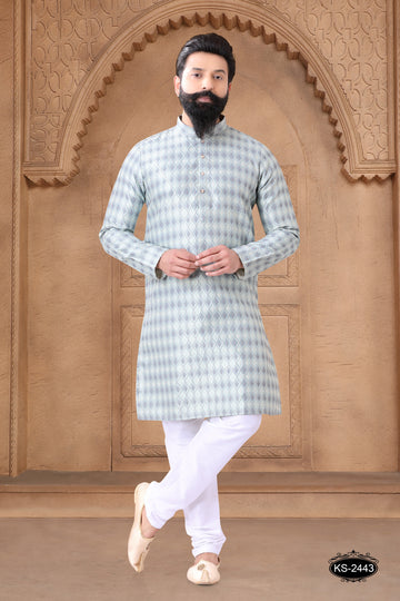 BLUE KURTA SET WITH SELF-DESIGN ALL-OVER