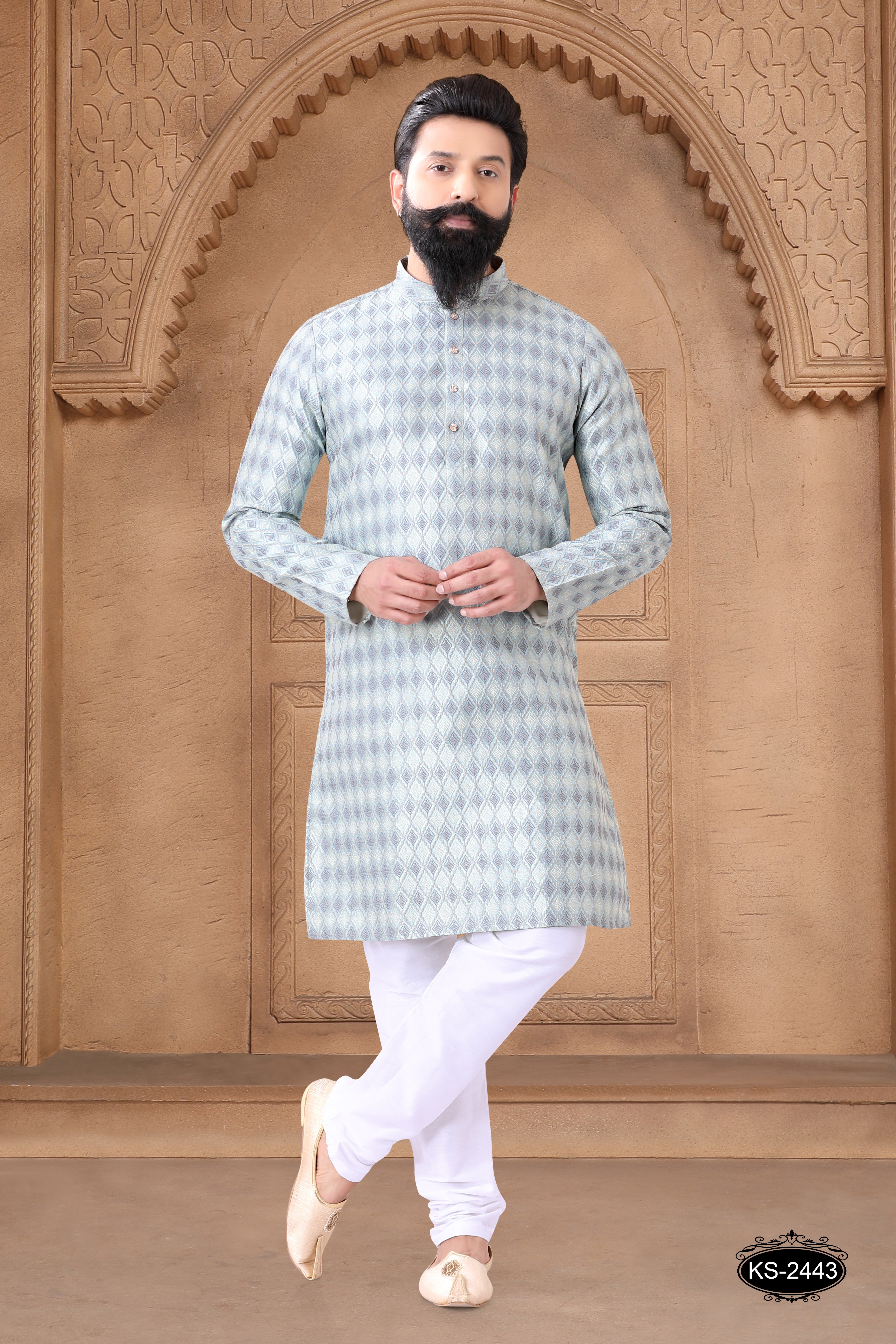 BLUE KURTA SET WITH SELF-DESIGN ALL-OVER