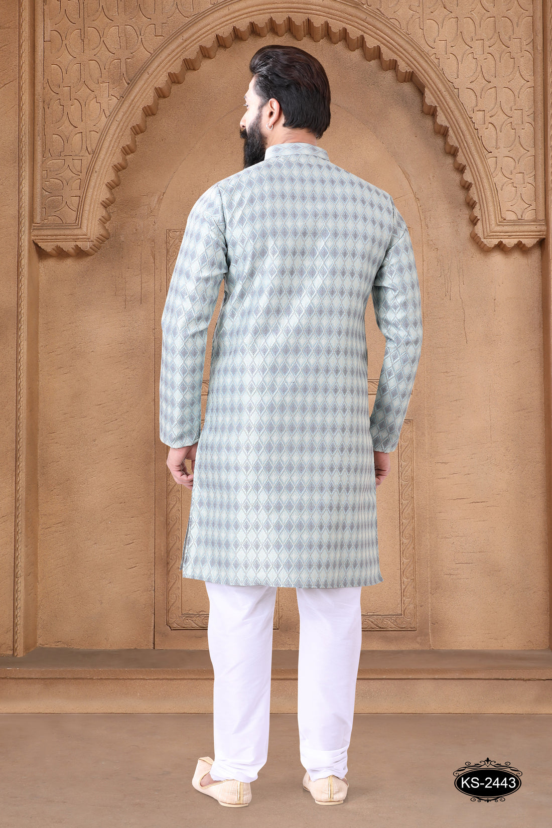 BLUE KURTA SET WITH SELF-DESIGN ALL-OVER