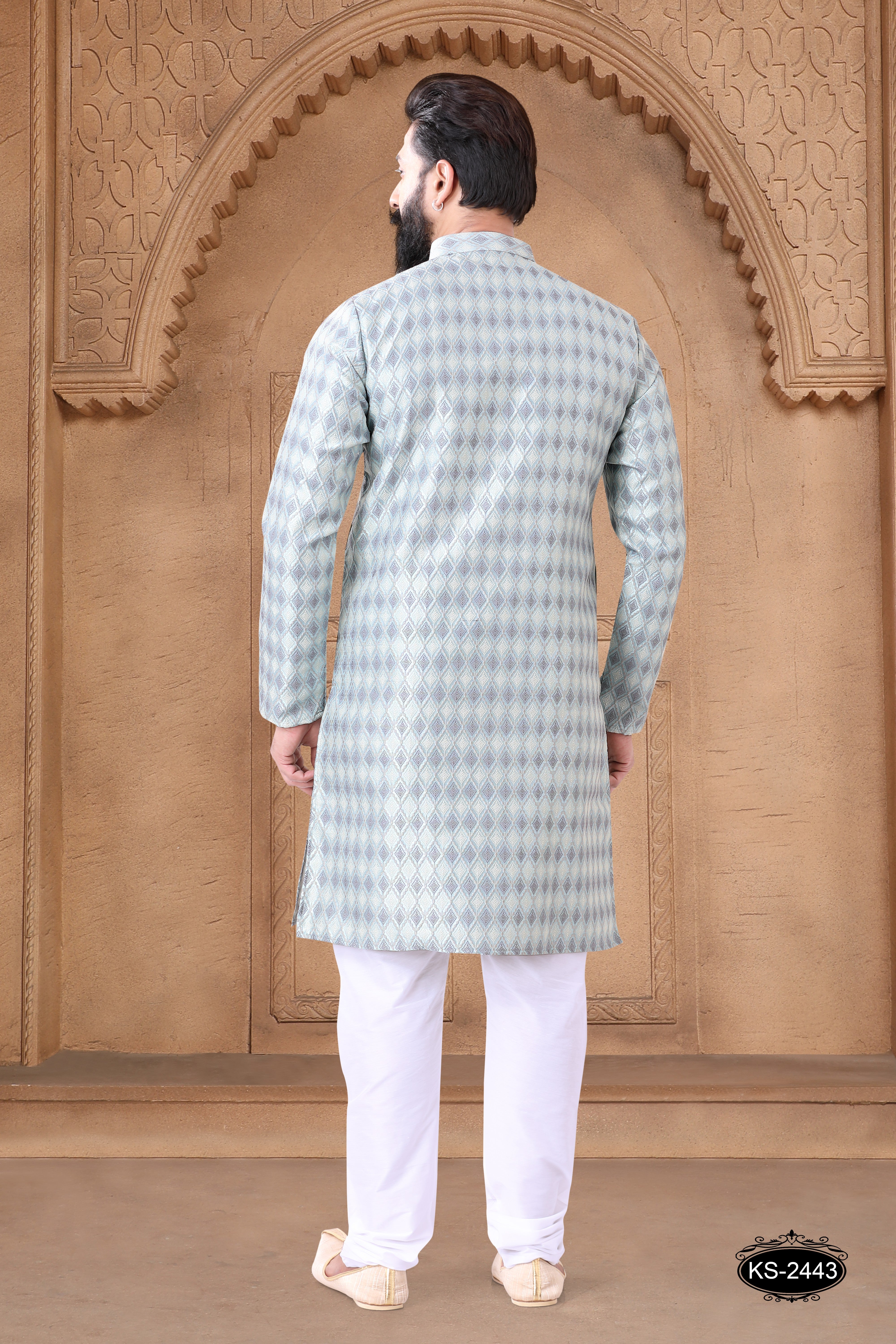BLUE KURTA SET WITH SELF-DESIGN ALL-OVER