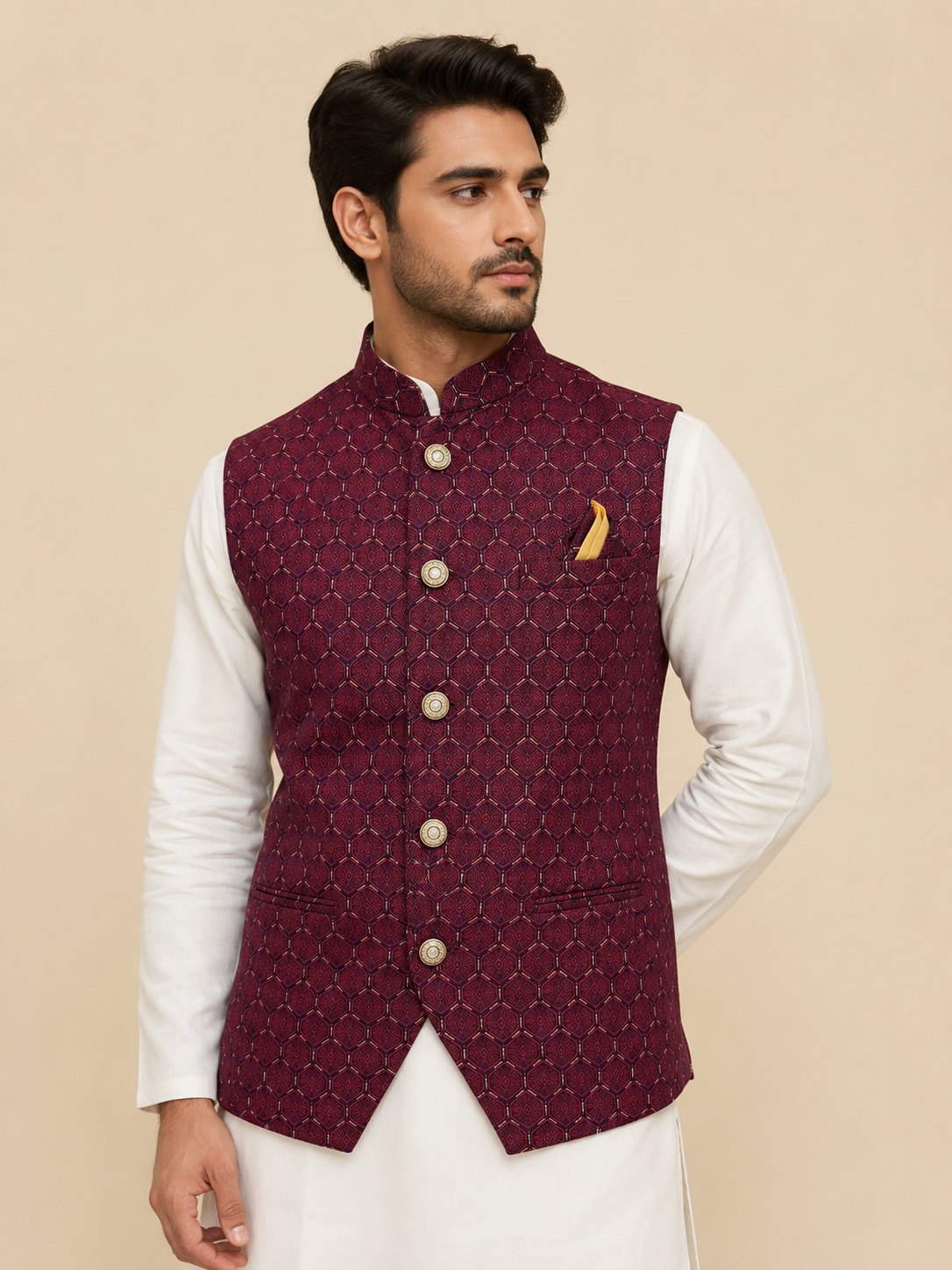 Men's White Silk Kurta Set with Maroon Jacquard Embroidered Nehru Jacket & Silk Polo Pant