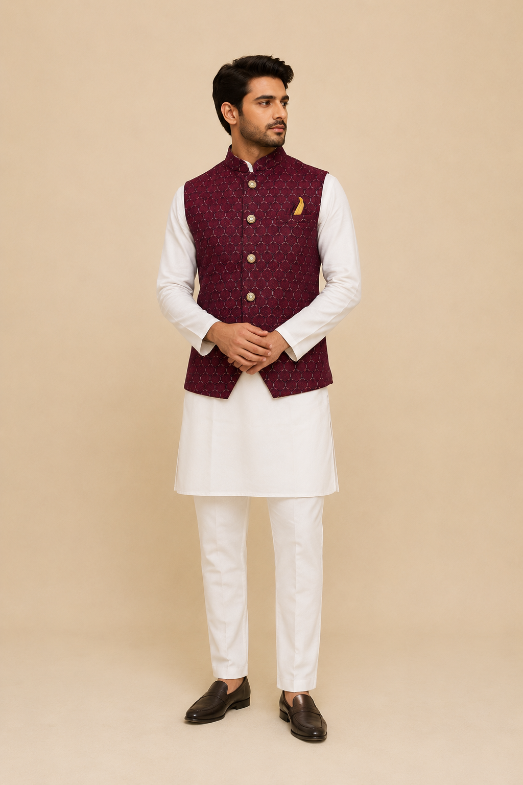 Men's White Silk Kurta Set with Maroon Jacquard Embroidered Nehru Jacket & Silk Polo Pant