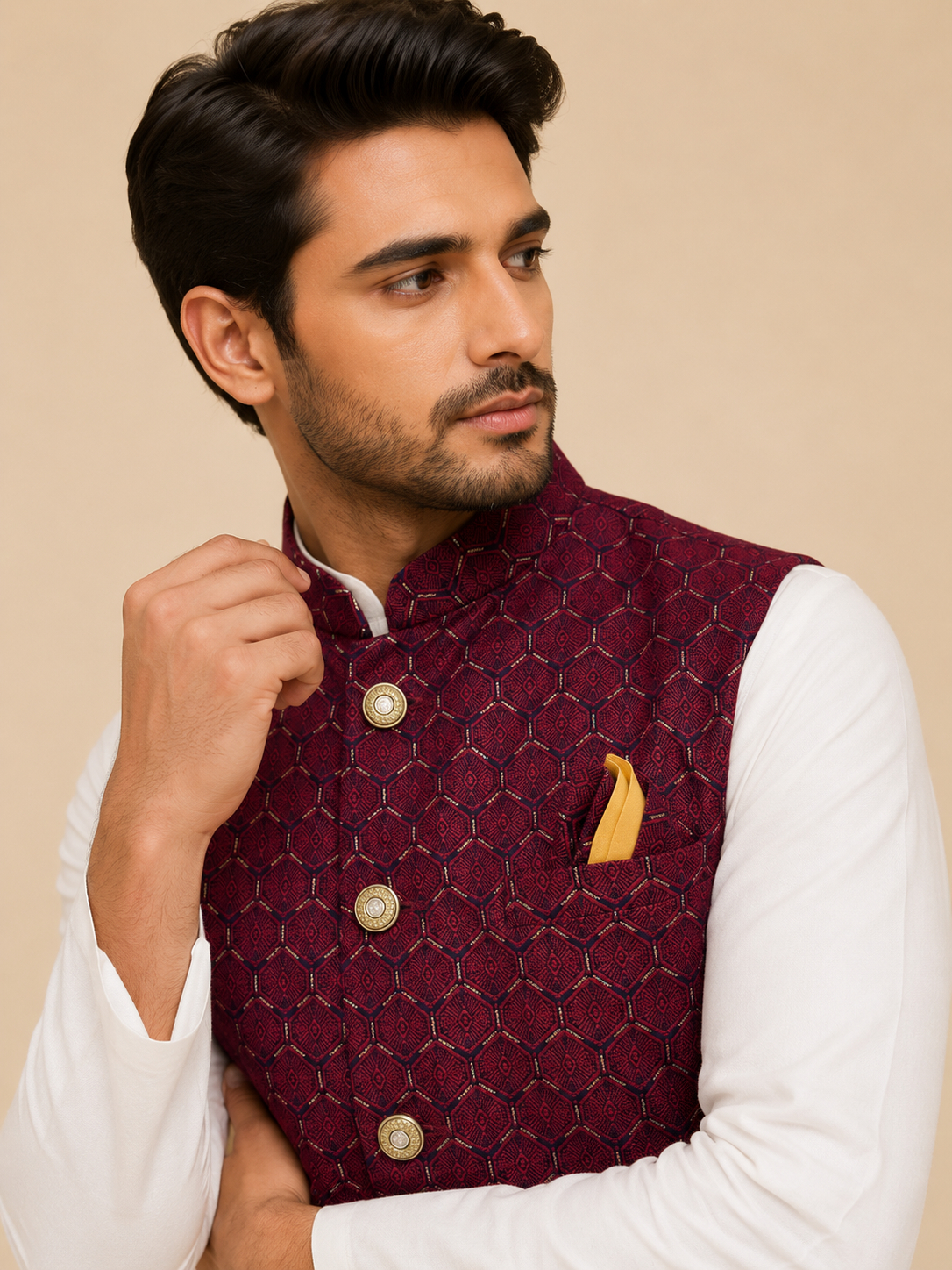 Men's White Silk Kurta Set with Maroon Jacquard Embroidered Nehru Jacket & Silk Polo Pant