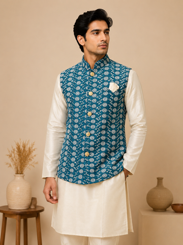 Men's White Silk Kurta Set with Teal Blue Jacquard Self-Design Nehru Jacket & Silk Churidar