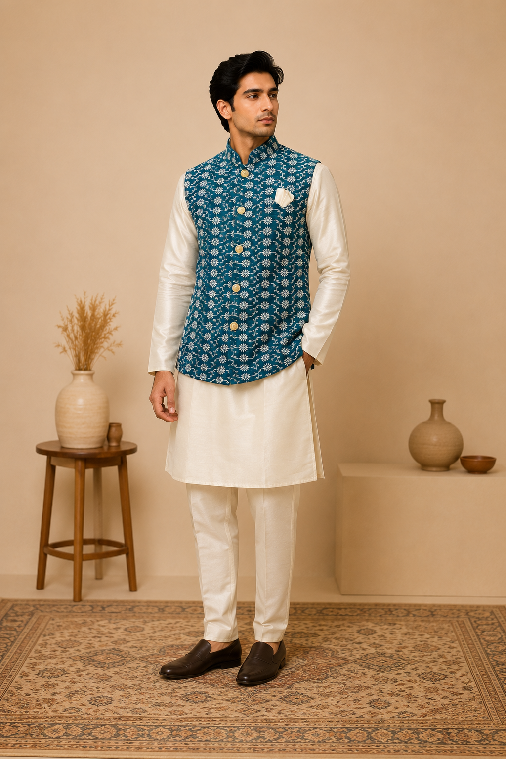 Men's White Silk Kurta Set with Teal Blue Jacquard Self-Design Nehru Jacket & Silk Churidar