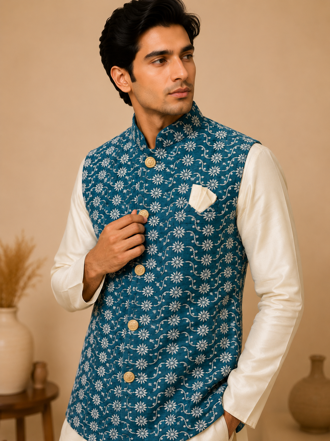 Men's White Silk Kurta Set with Teal Blue Jacquard Self-Design Nehru Jacket & Silk Churidar