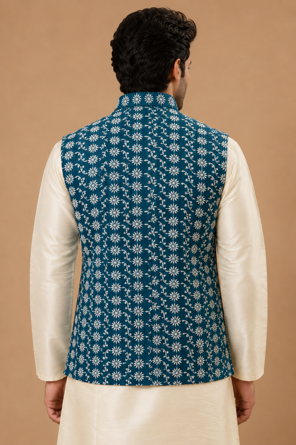 Men's White Silk Kurta Set with Teal Blue Jacquard Self-Design Nehru Jacket & Silk Churidar