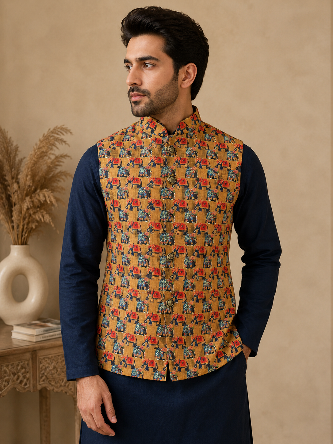 Men's Navy Blue Silk Kurta Set with Mustard Jacquard Elephant Motif Nehru Jacket & Silk Polo Pant