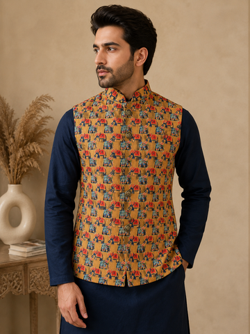Men's Navy Blue Silk Kurta Set with Mustard Jacquard Elephant Motif Nehru Jacket & Silk Polo Pant