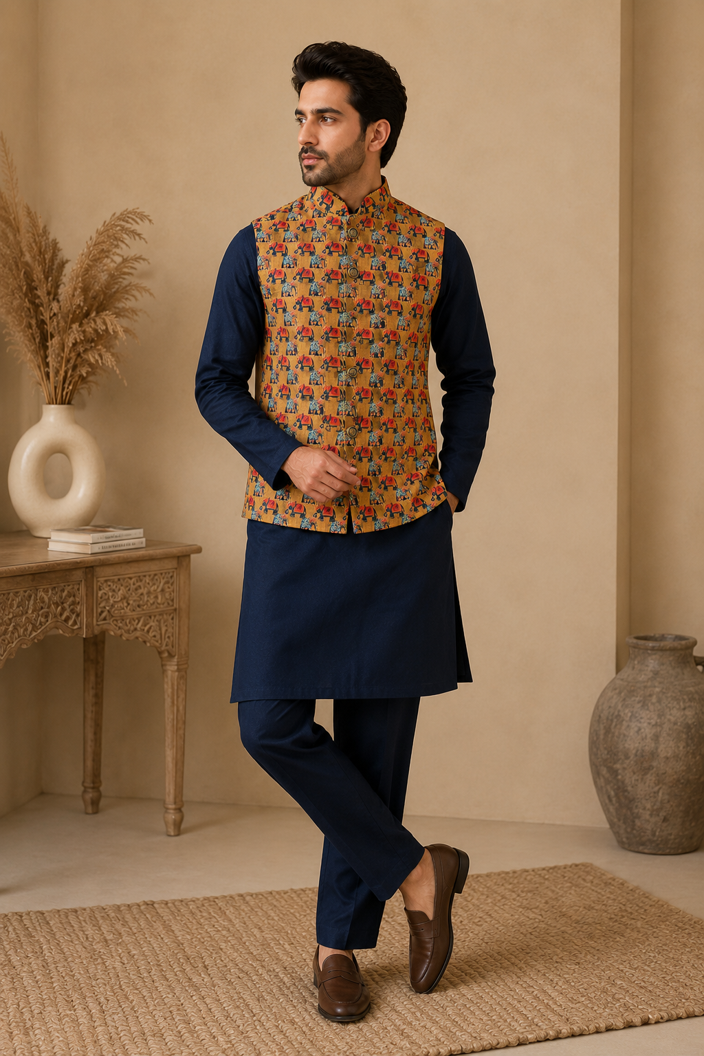 Men's Navy Blue Silk Kurta Set with Mustard Jacquard Elephant Motif Nehru Jacket & Silk Polo Pant