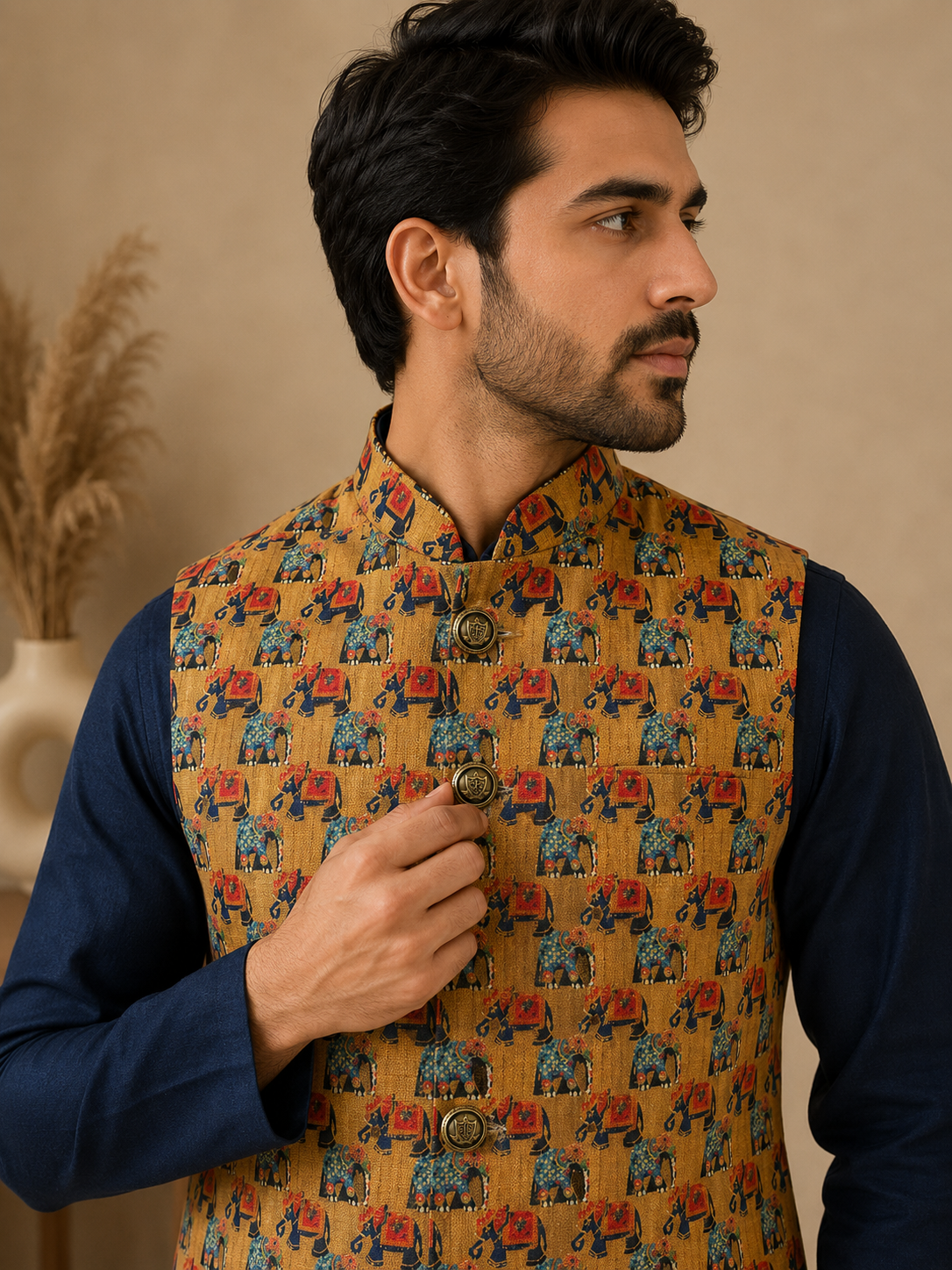 Men's Navy Blue Silk Kurta Set with Mustard Jacquard Elephant Motif Nehru Jacket & Silk Polo Pant