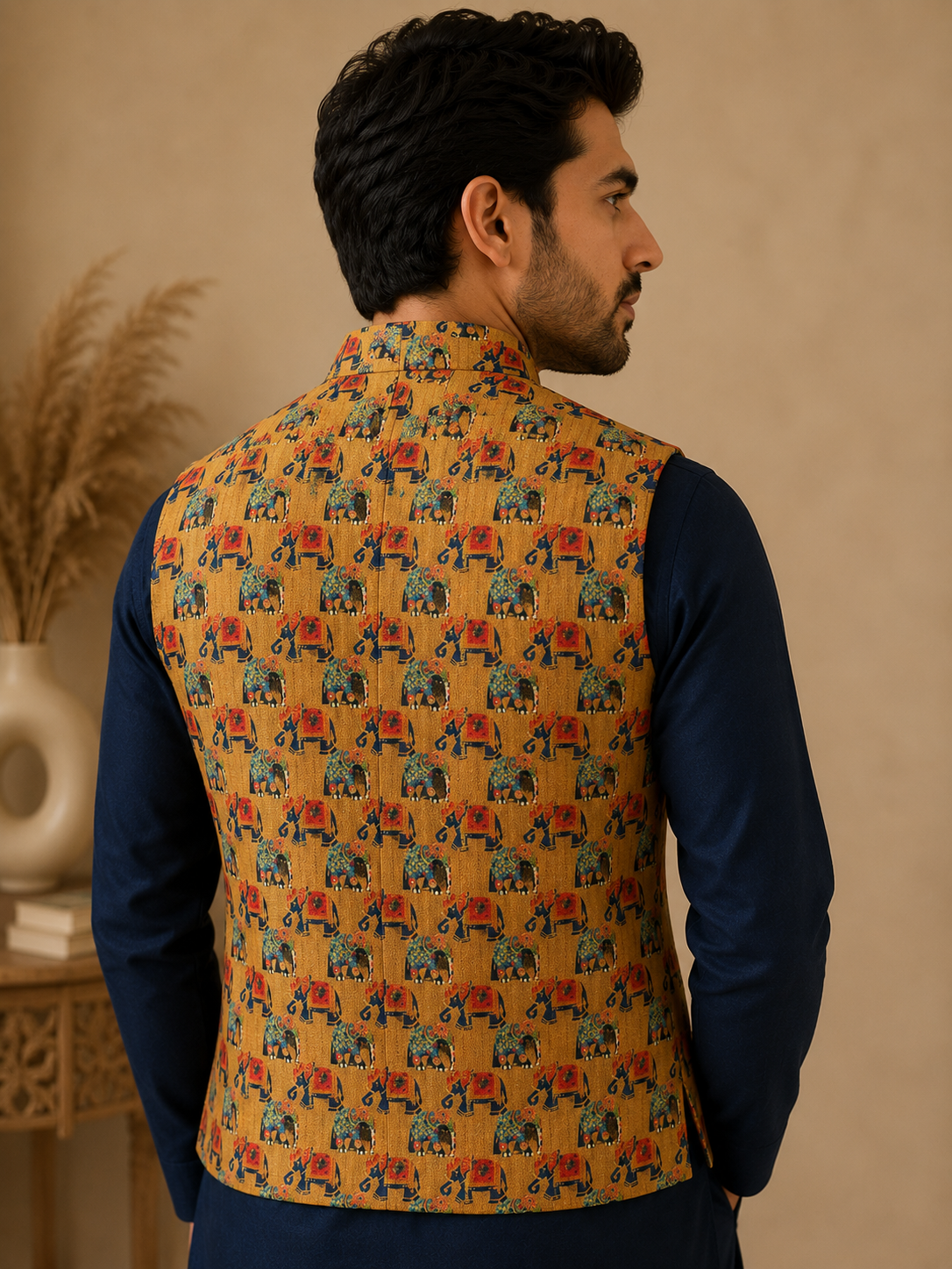 Men's Navy Blue Silk Kurta Set with Mustard Jacquard Elephant Motif Nehru Jacket & Silk Polo Pant