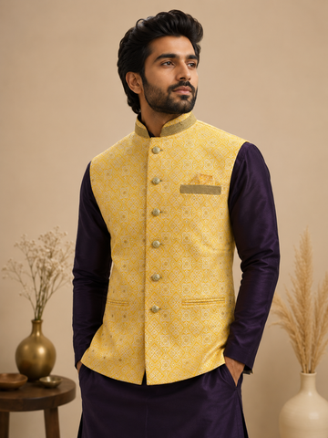 Royal Yellow Jacquard Nehru Jacket Set with Purple Silk Kurta & Polo Pant for Men