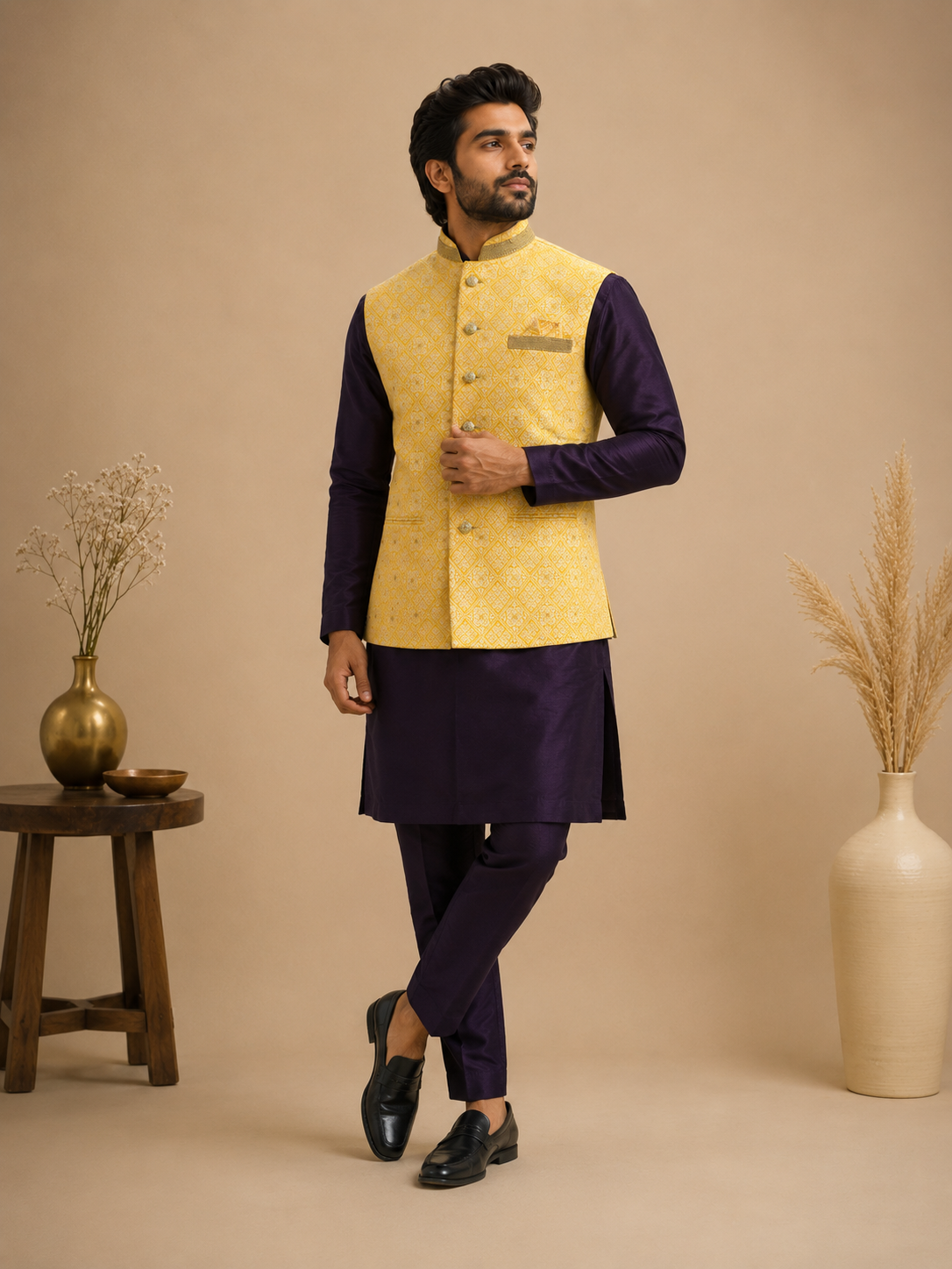 Royal Yellow Jacquard Nehru Jacket Set with Purple Silk Kurta & Polo Pant for Men