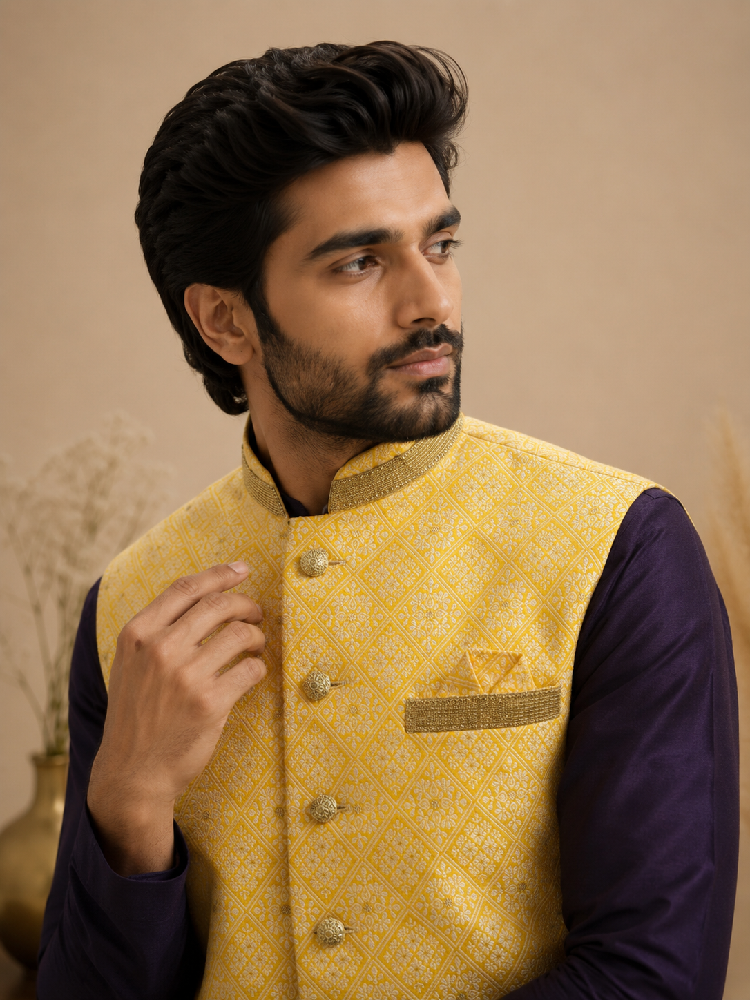Royal Yellow Jacquard Nehru Jacket Set with Purple Silk Kurta & Polo Pant for Men