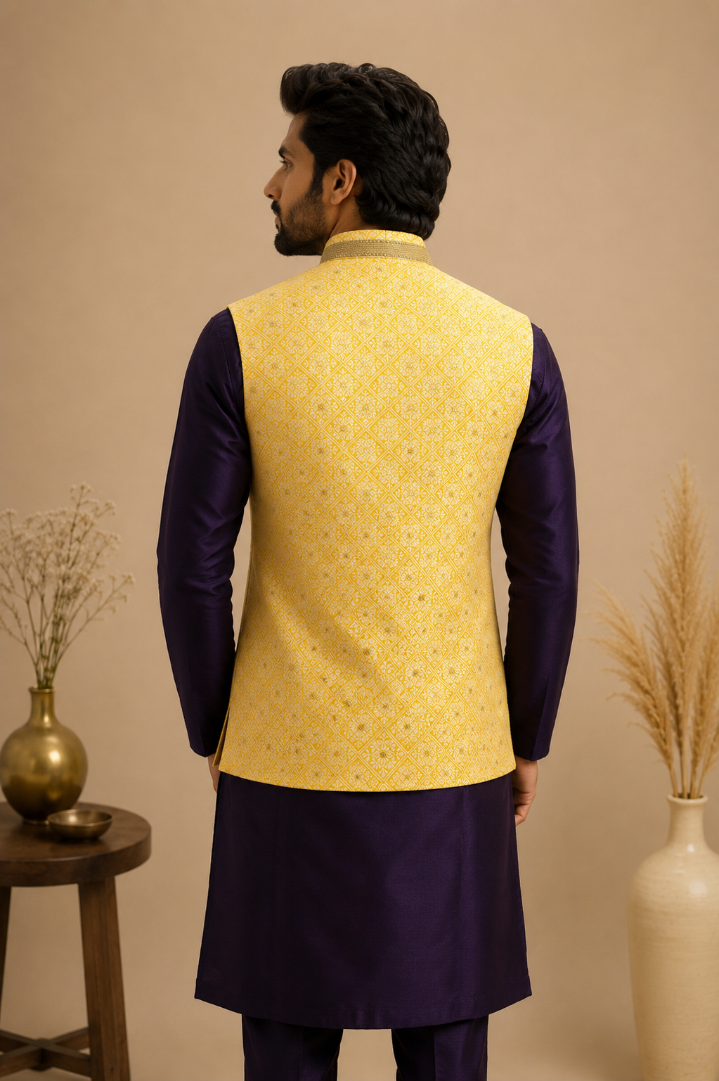 Royal Yellow Jacquard Nehru Jacket Set with Purple Silk Kurta & Polo Pant for Men