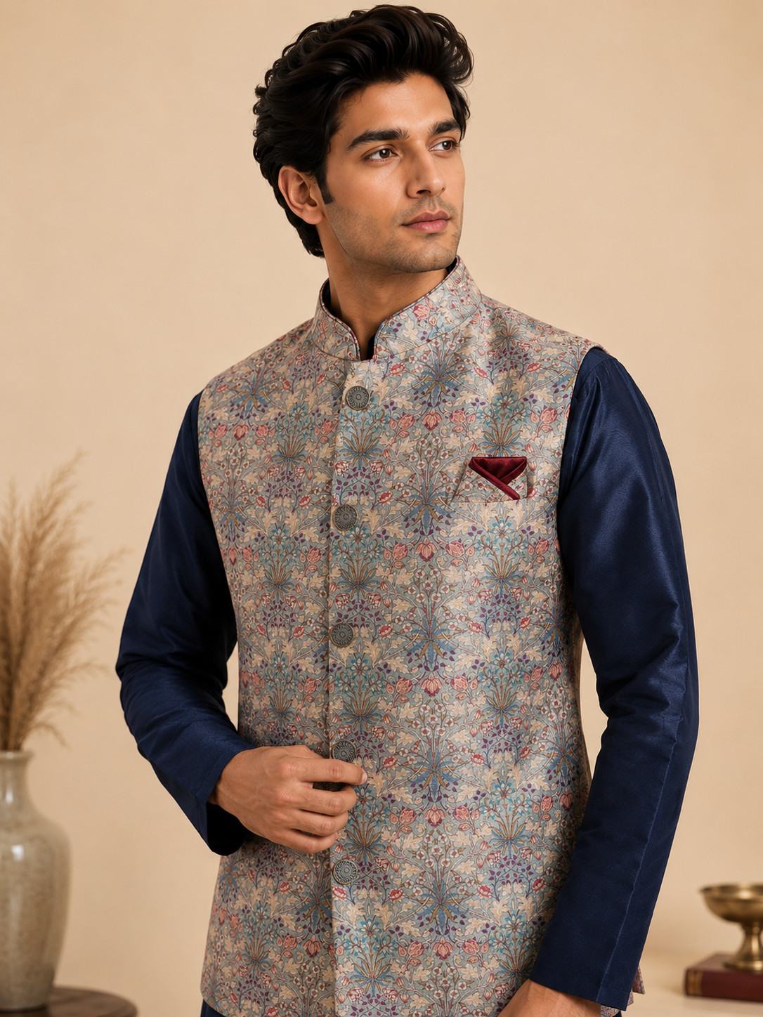 Men's Navy Blue Silk Kurta Set with Floral Embroidered Silk Nehru Jacket & Polo Pants