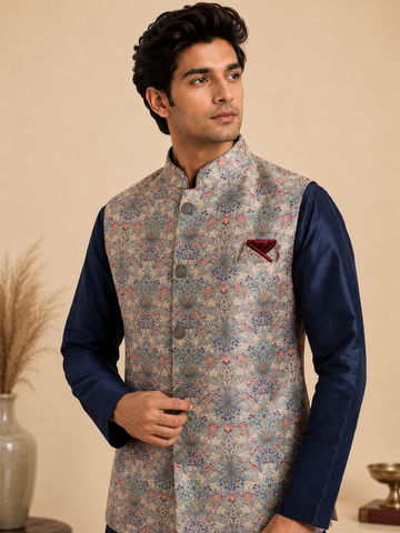 Men's Navy Blue Silk Kurta Set with Floral Embroidered Silk Nehru Jacket & Polo Pants